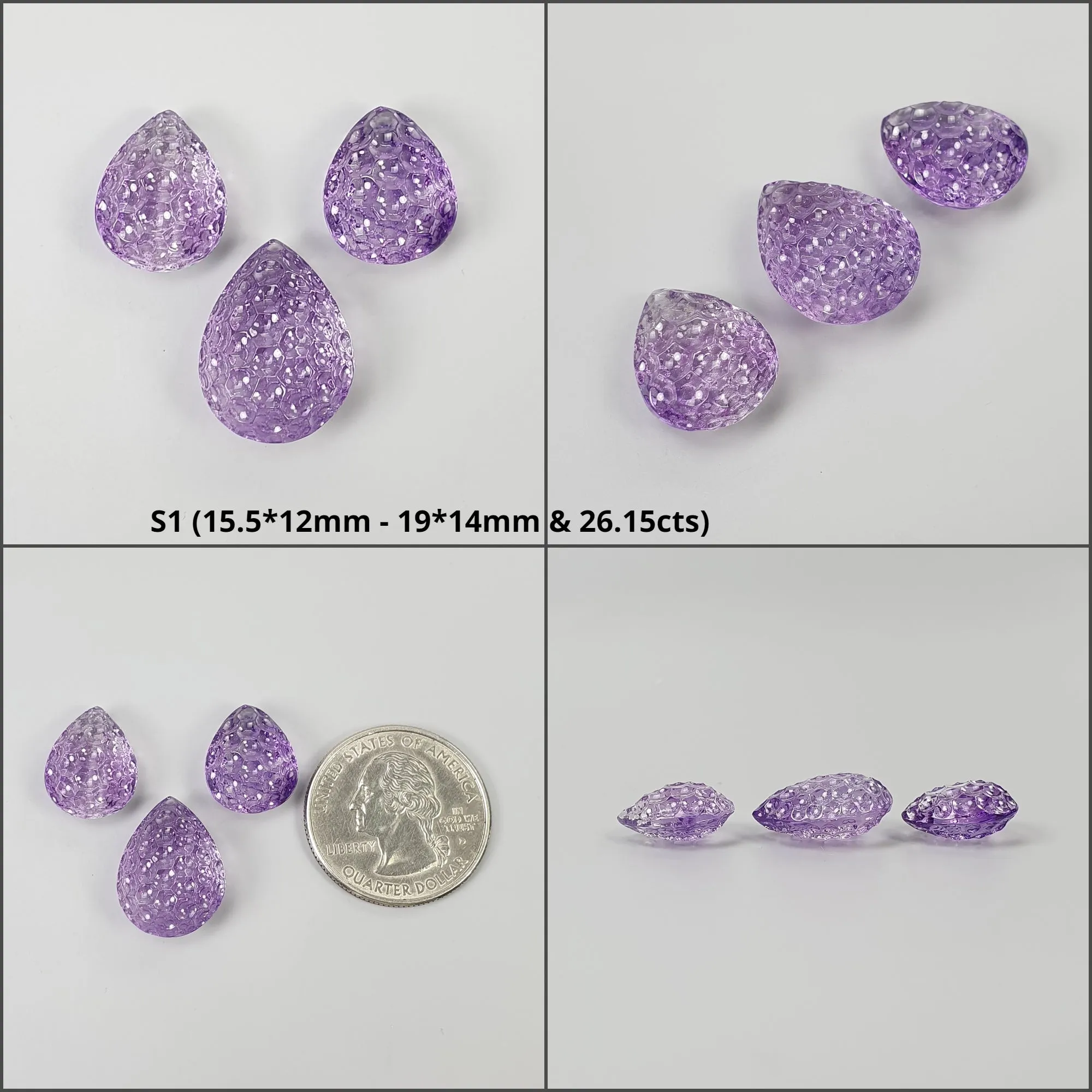 Amethyst Gemstone Carving : Natural Untreated Purple Amethyst Both Side Hand Carved Pear Shape 3pcs Set