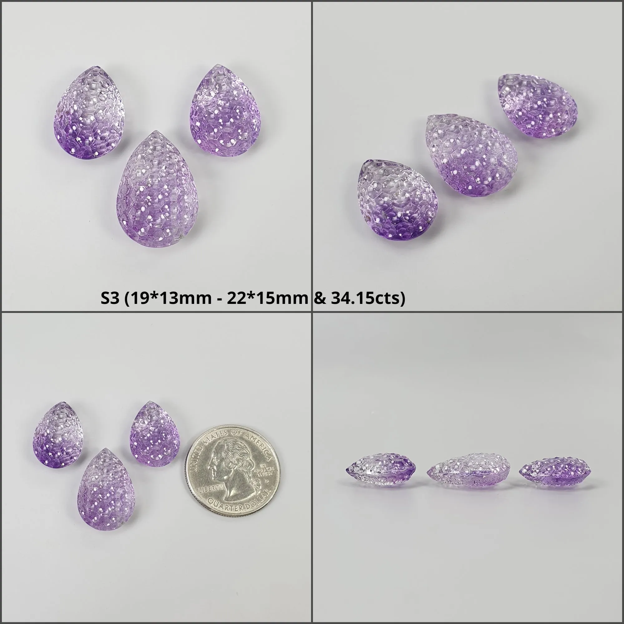 Amethyst Gemstone Carving : Natural Untreated Purple Amethyst Both Side Hand Carved Pear Shape 3pcs Set