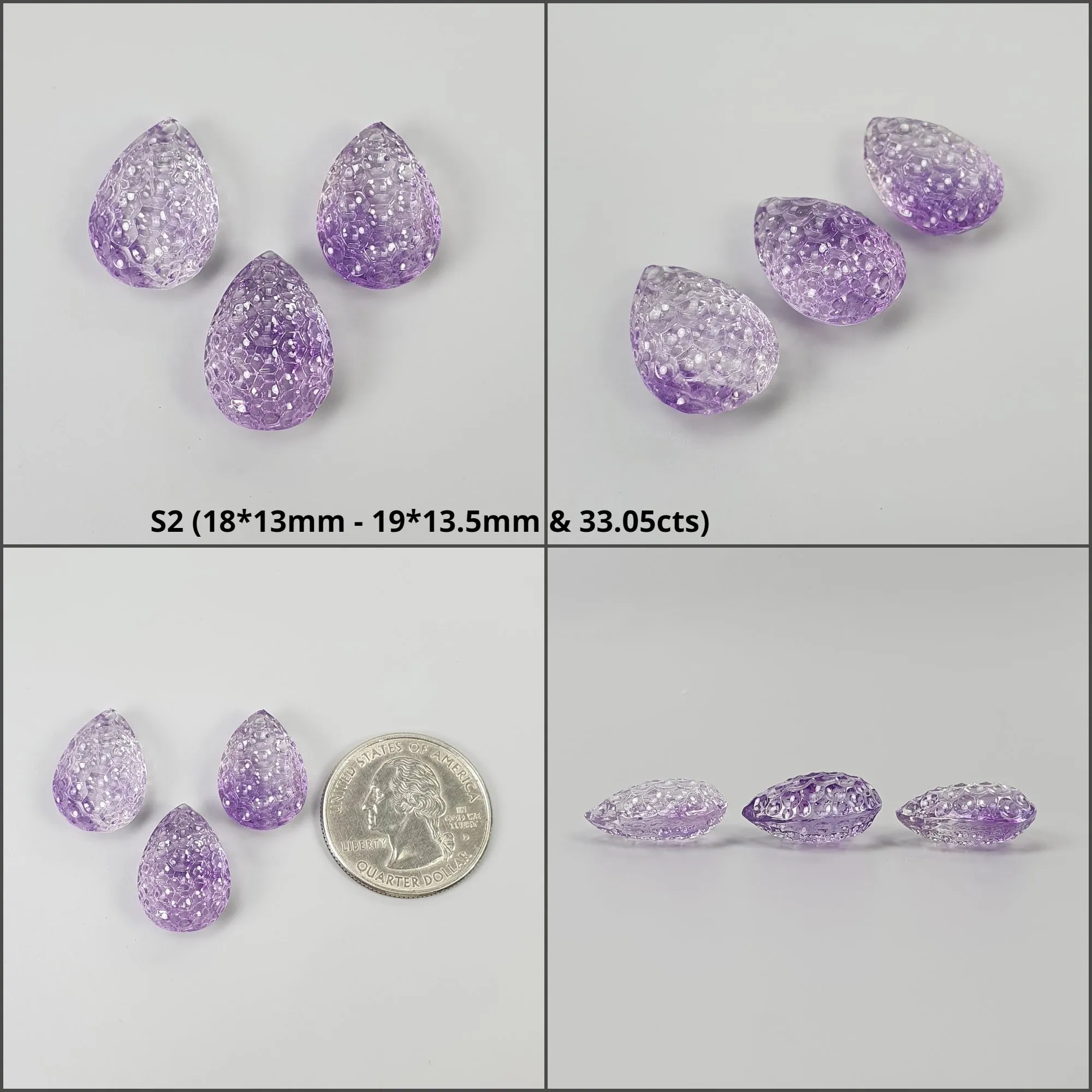 Amethyst Gemstone Carving : Natural Untreated Purple Amethyst Both Side Hand Carved Pear Shape 3pcs Set