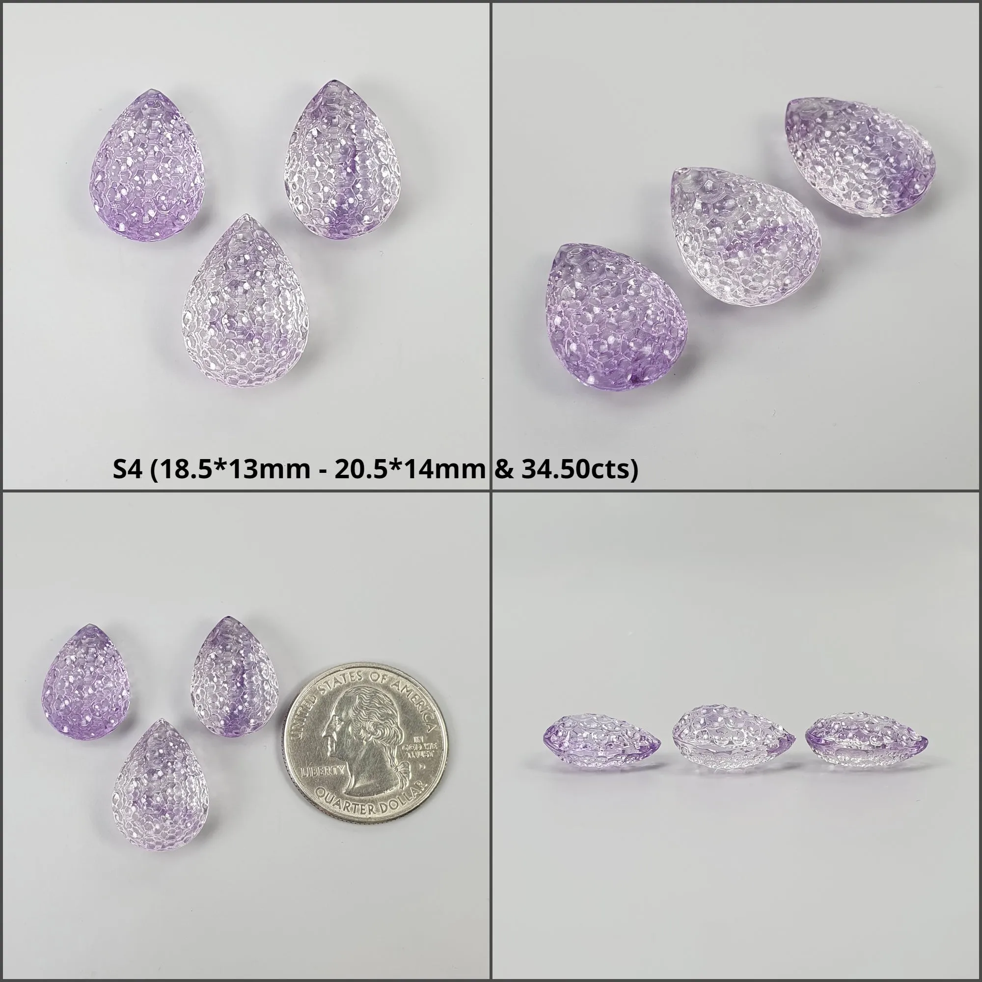 Amethyst Gemstone Carving : Natural Untreated Purple Amethyst Both Side Hand Carved Pear Shape 3pcs Set