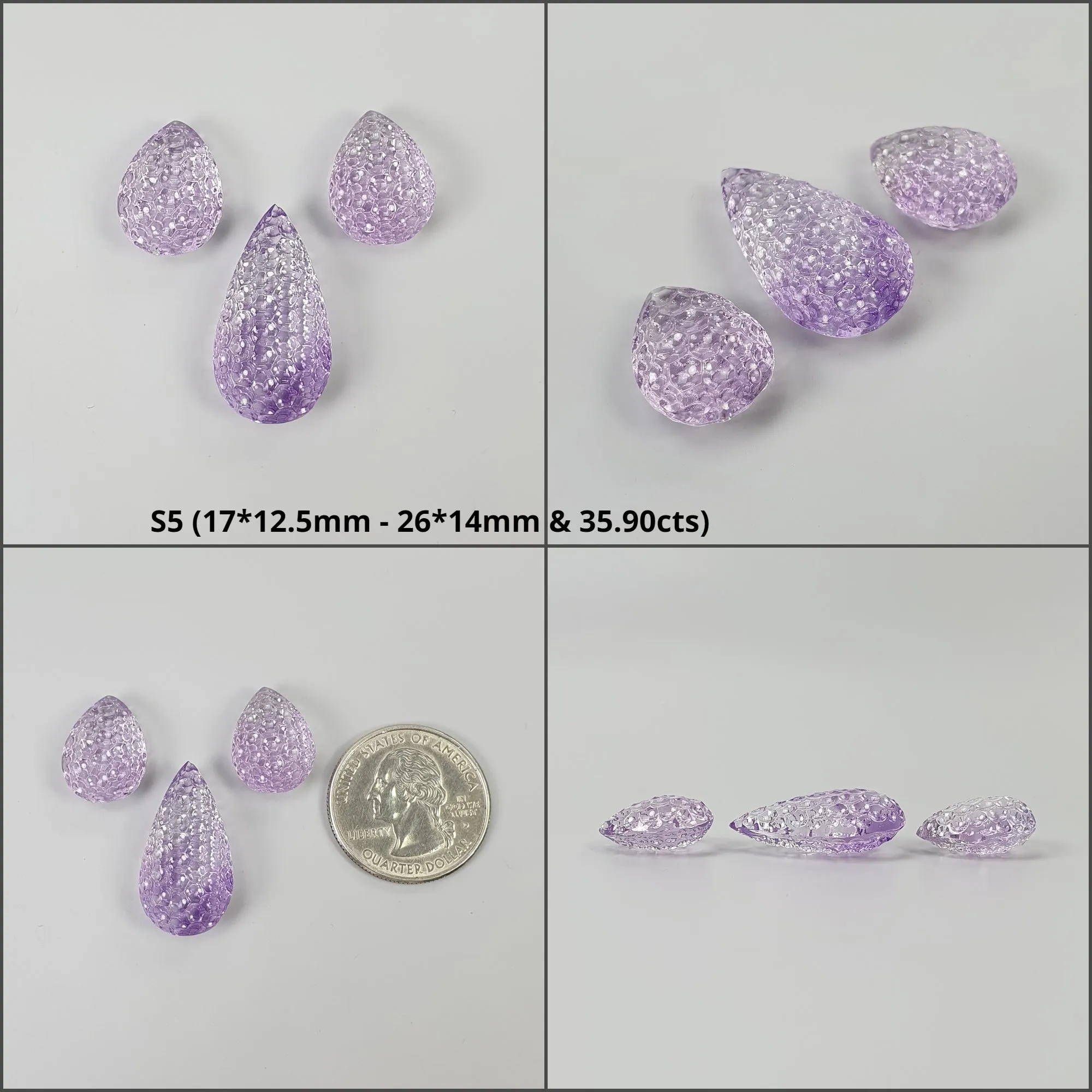 Amethyst Gemstone Carving : Natural Untreated Purple Amethyst Both Side Hand Carved Pear Shape 3pcs Set