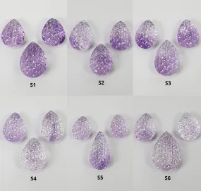 Amethyst Gemstone Carving : Natural Untreated Purple Amethyst Both Side Hand Carved Pear Shape 3pcs Set