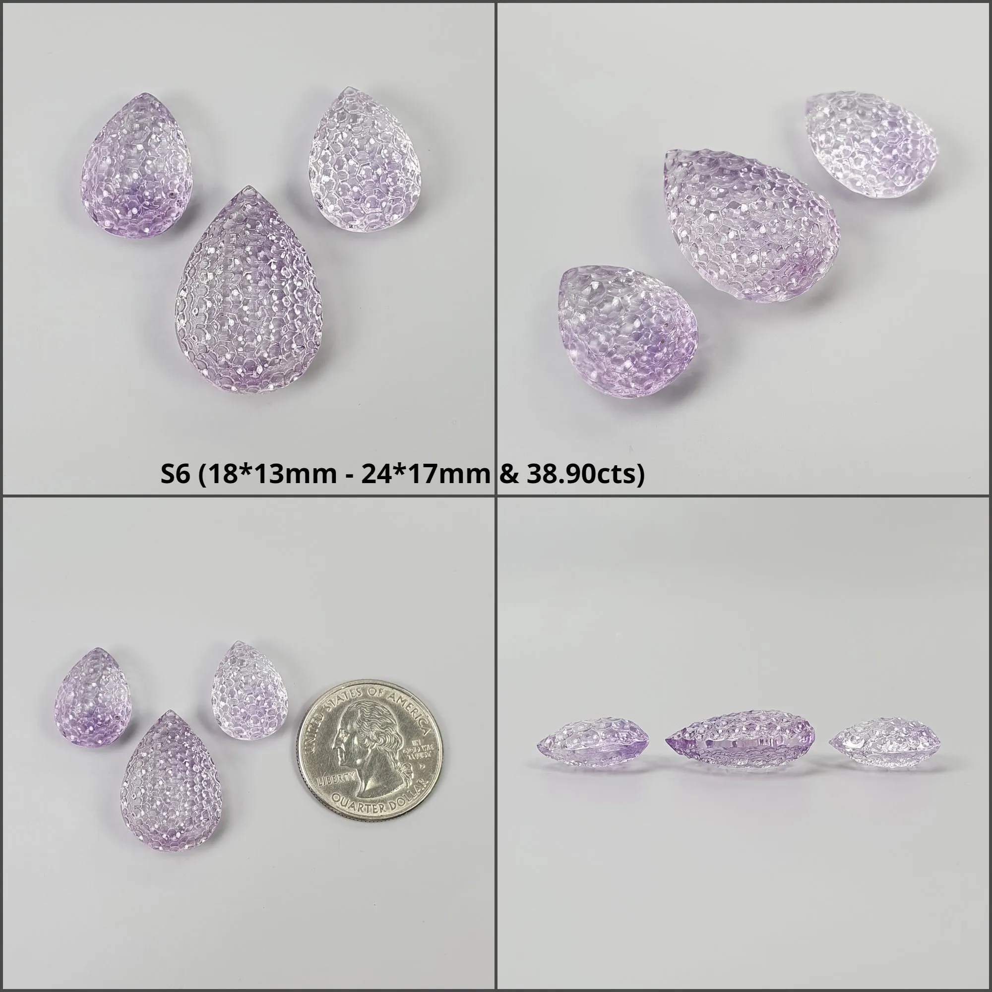 Amethyst Gemstone Carving : Natural Untreated Purple Amethyst Both Side Hand Carved Pear Shape 3pcs Set