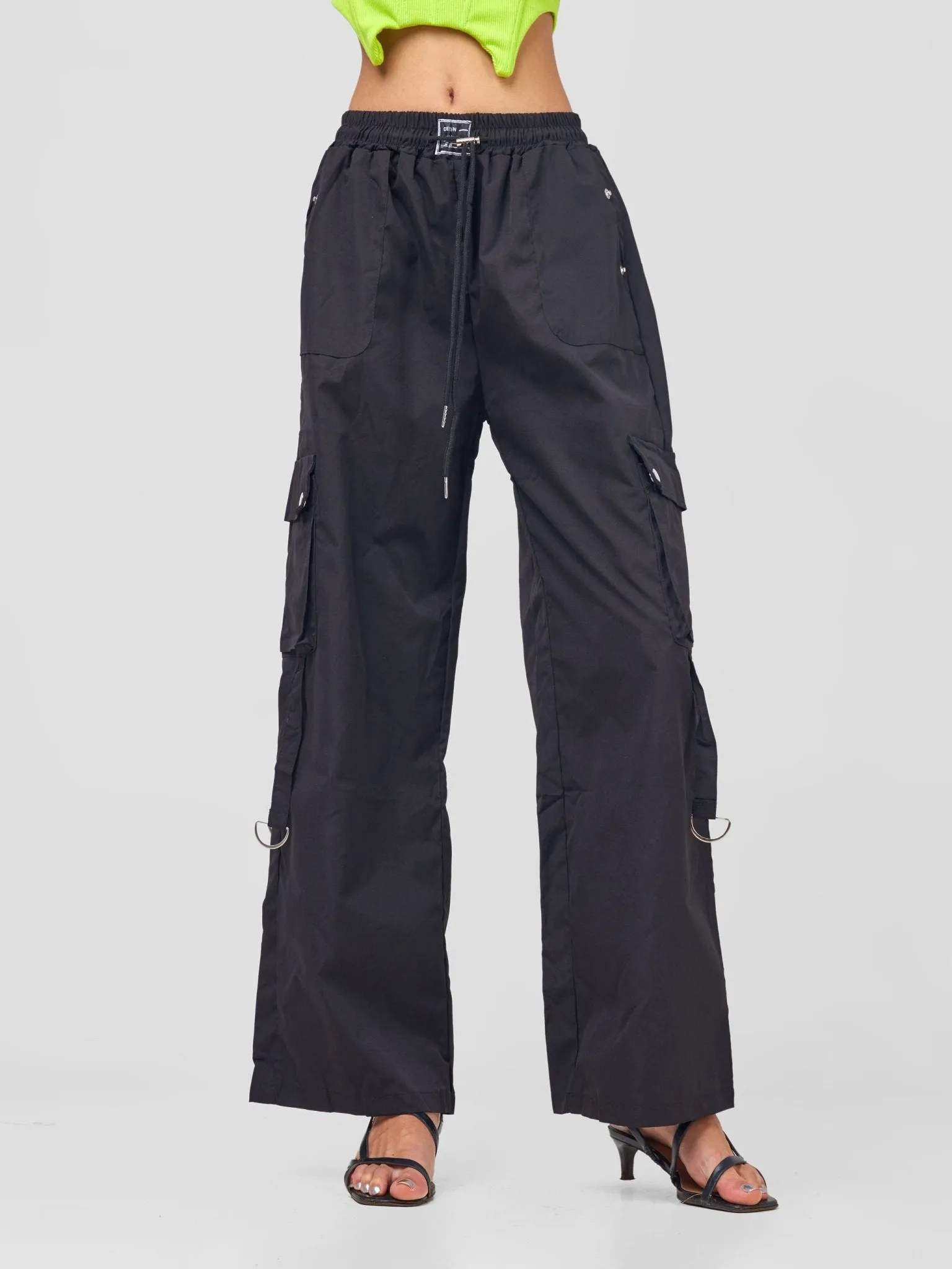 Anika Midi Rise ''Design'' Straight Fit Cargo Trousers - Black