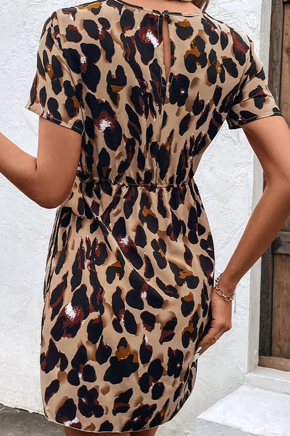 Animal Print Belted Keyhole Round Neck Dress