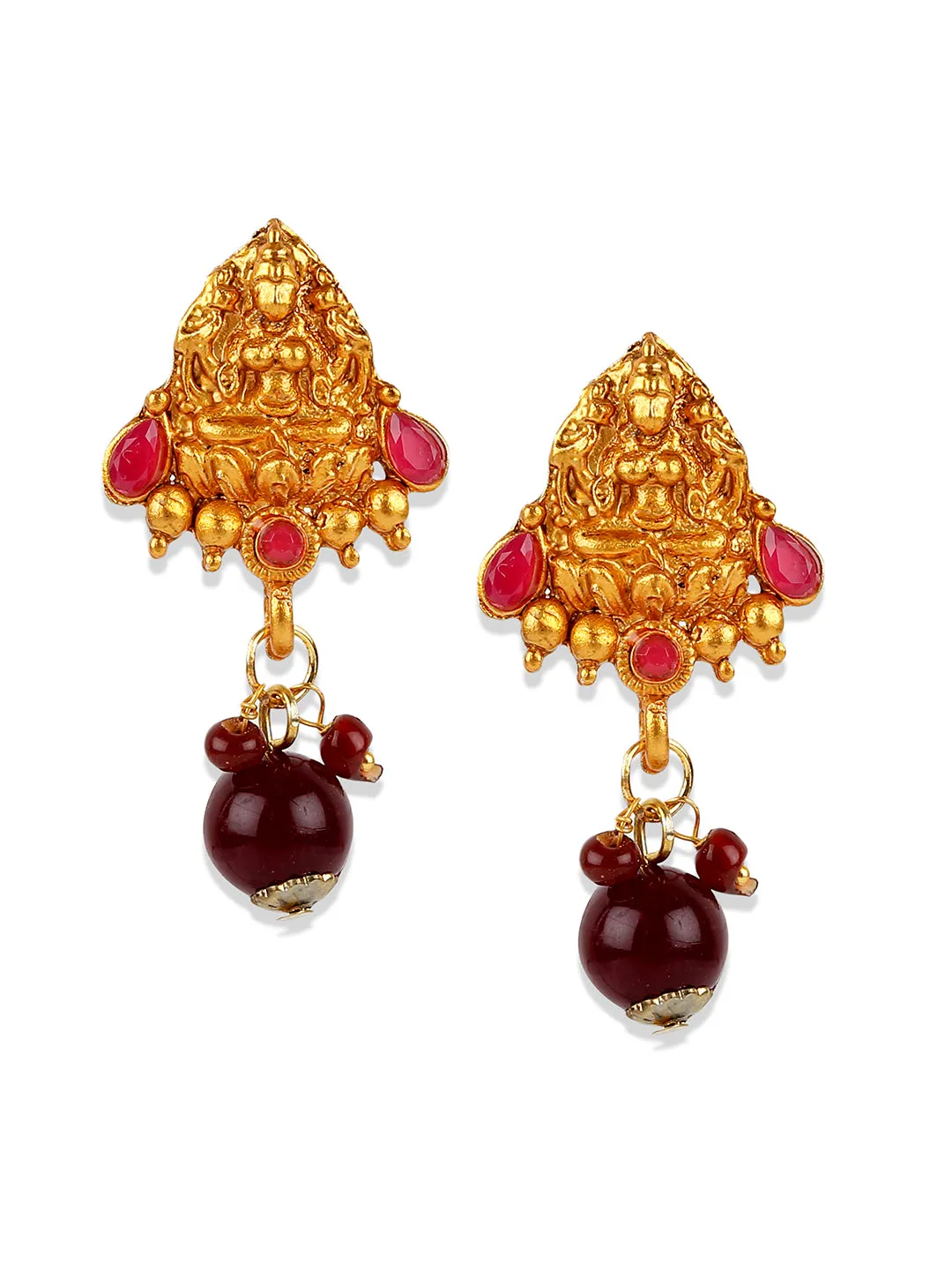 Antique Matte Gold Finish Maroon Stone Studded Temple Jewellery Set - Anikas Creation