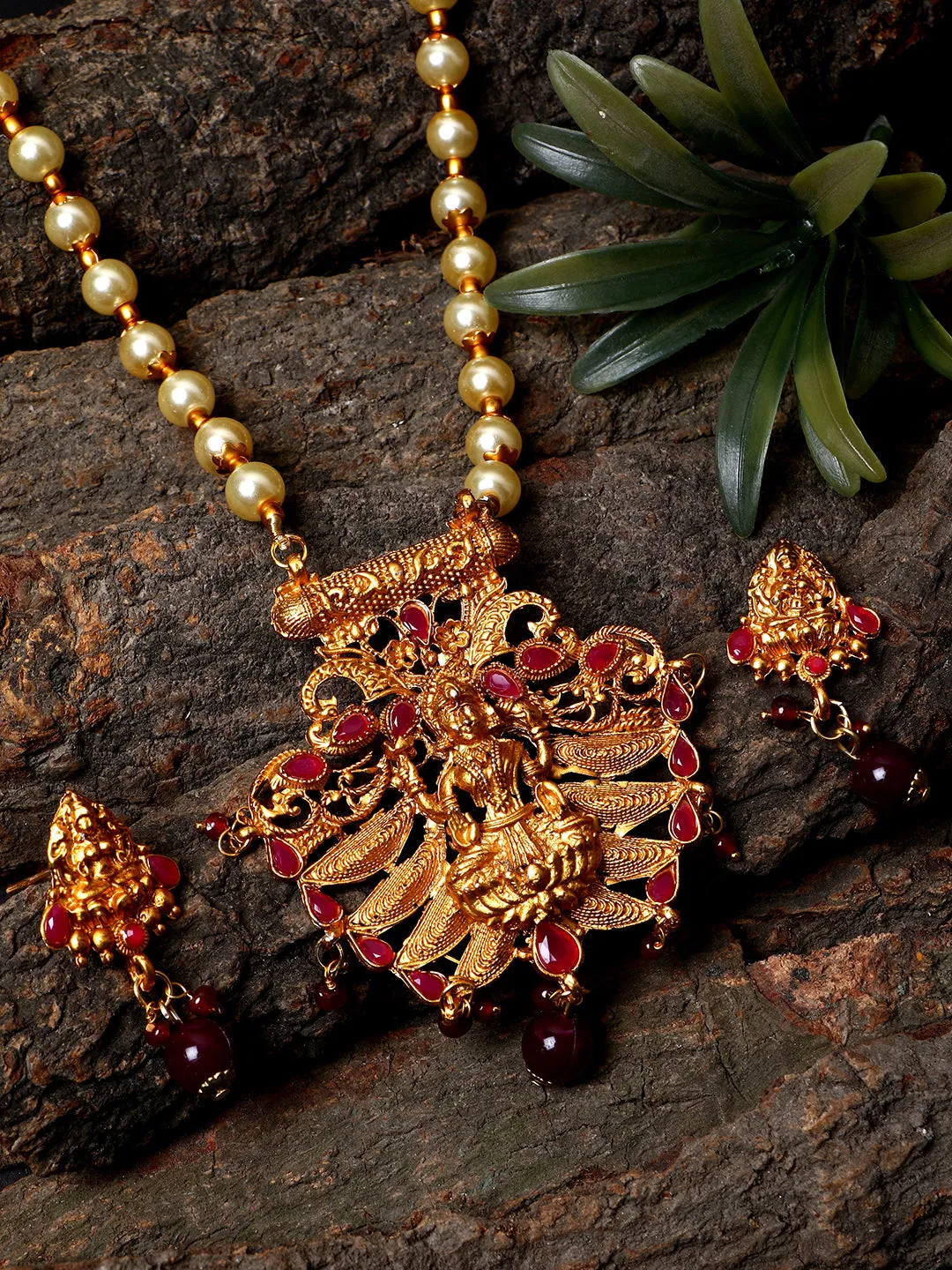 Antique Matte Gold Finish Maroon Stone Studded Temple Jewellery Set - Anikas Creation