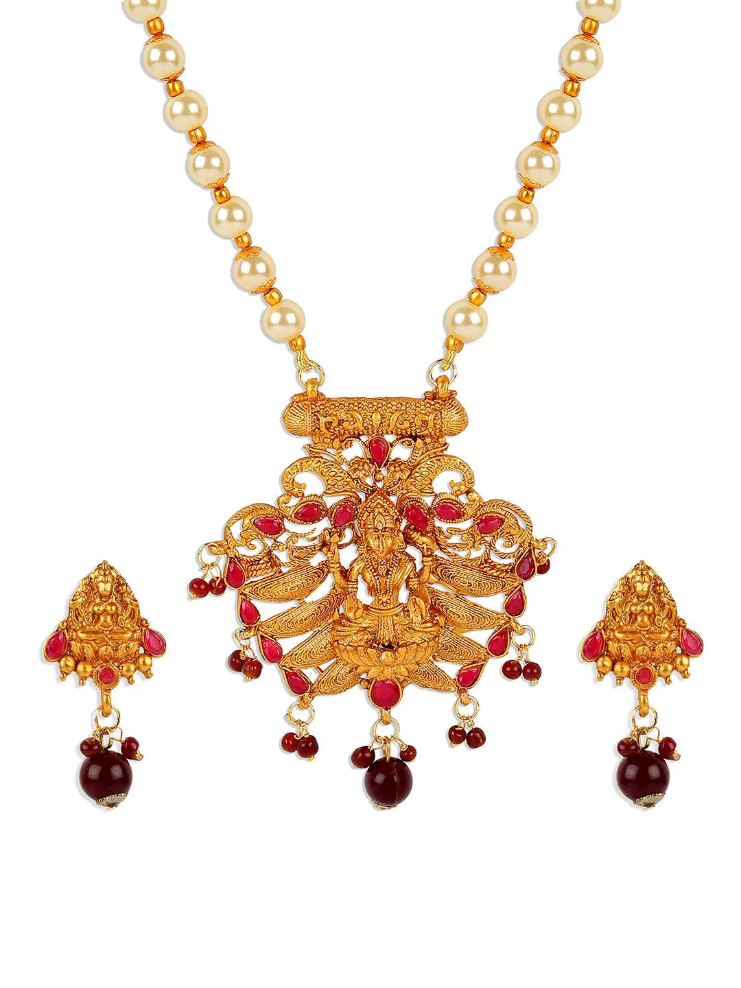 Antique Matte Gold Finish Maroon Stone Studded Temple Jewellery Set - Anikas Creation