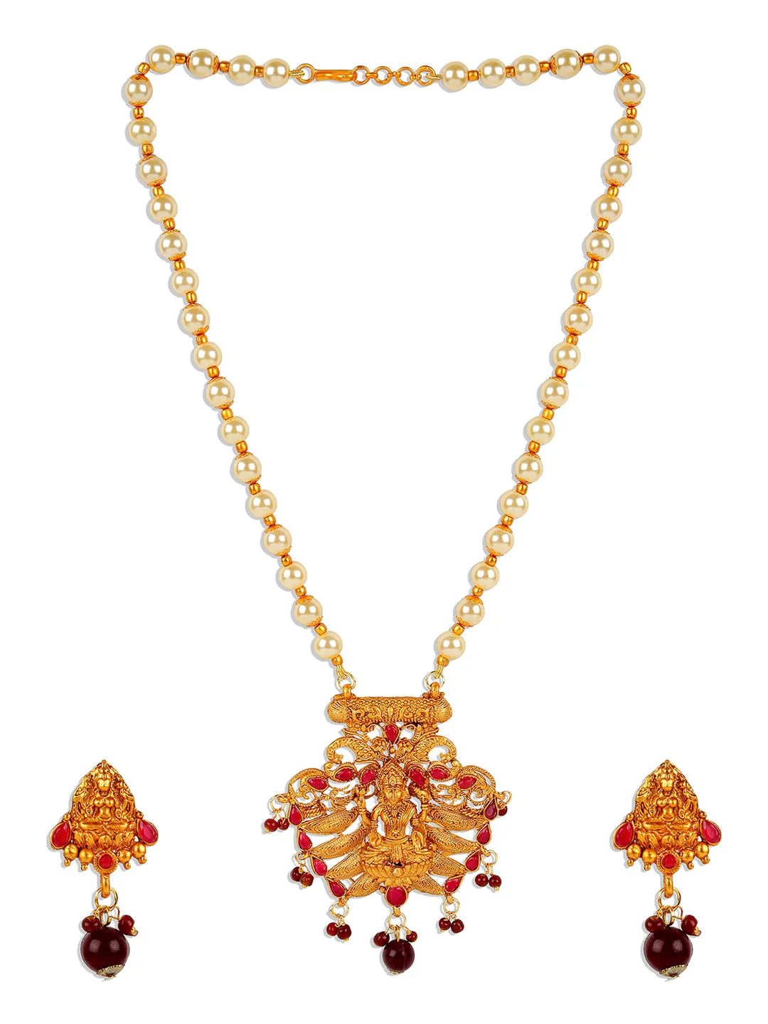 Antique Matte Gold Finish Maroon Stone Studded Temple Jewellery Set - Anikas Creation