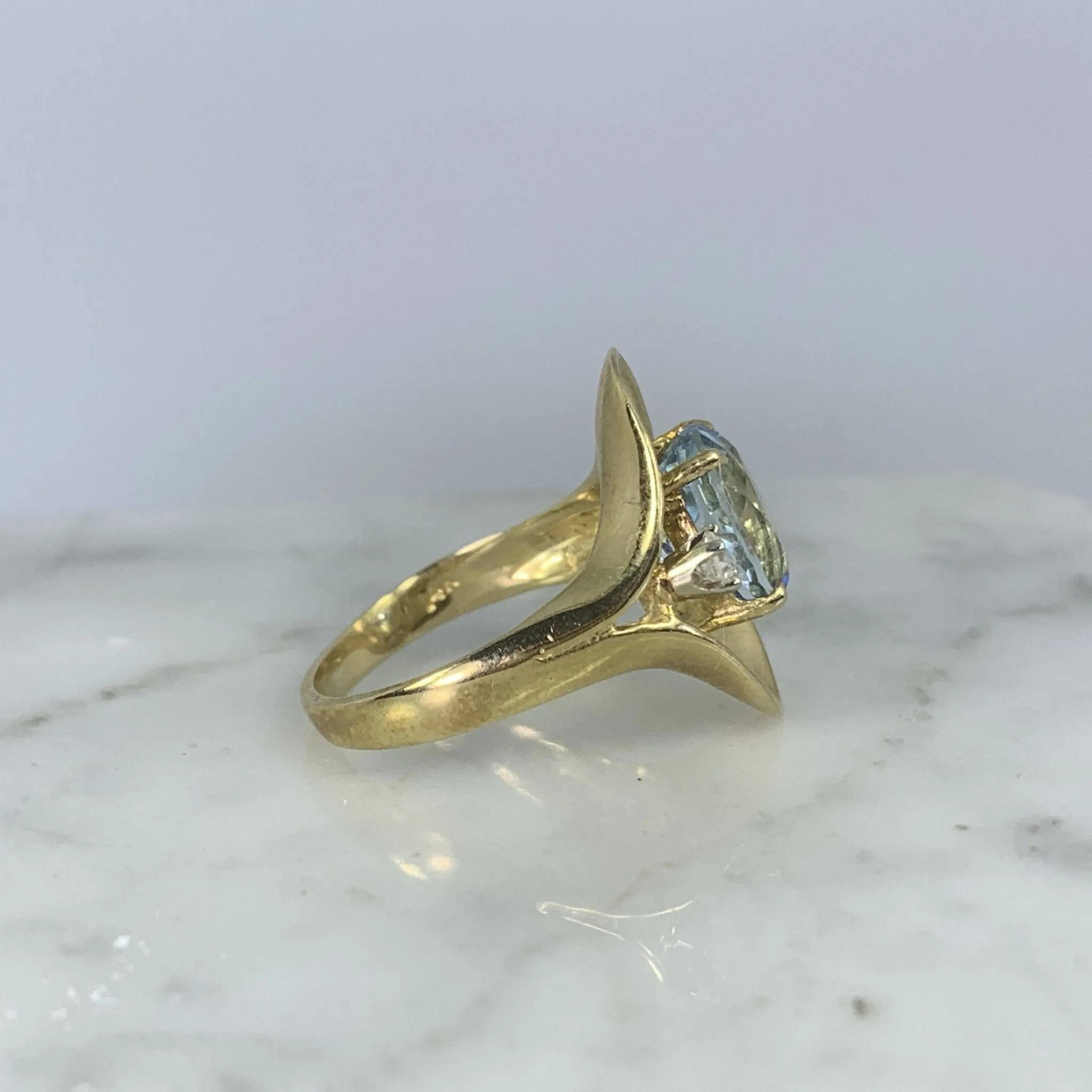 Aquamarine Diamond Statement Ring in a 14k Yellow Gold Modernist Setting. March Birthstone.