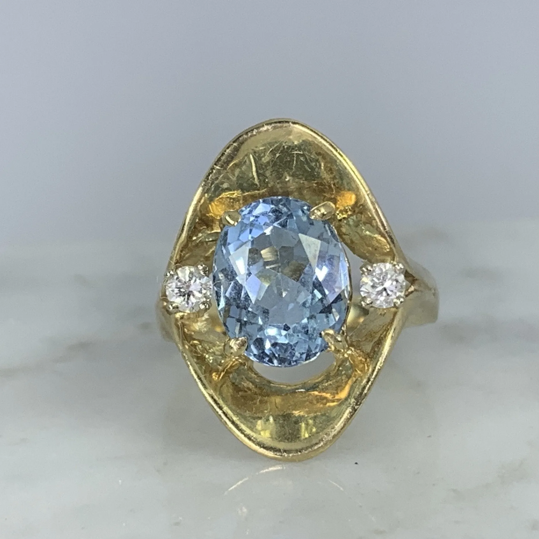 Aquamarine Diamond Statement Ring in a 14k Yellow Gold Modernist Setting. March Birthstone.