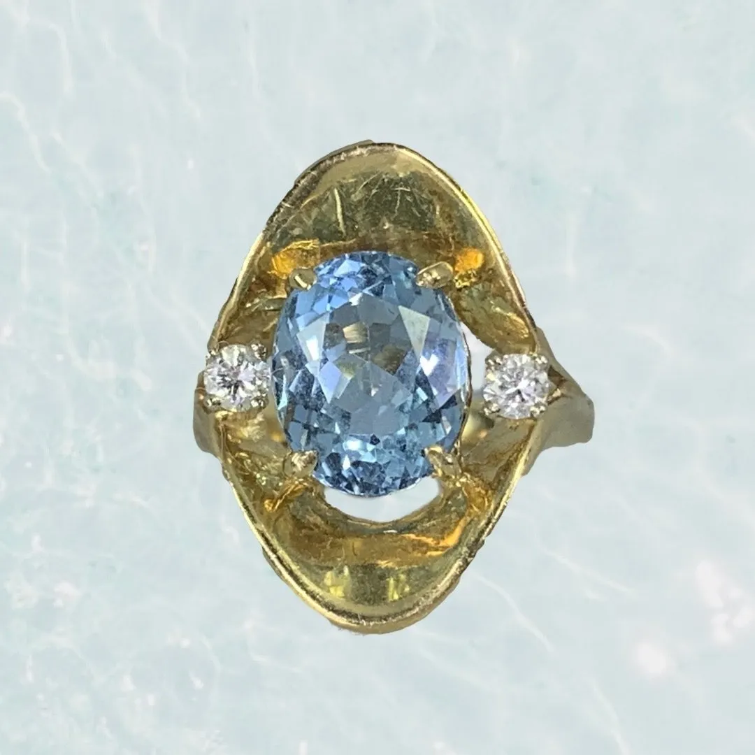 Aquamarine Diamond Statement Ring in a 14k Yellow Gold Modernist Setting. March Birthstone.