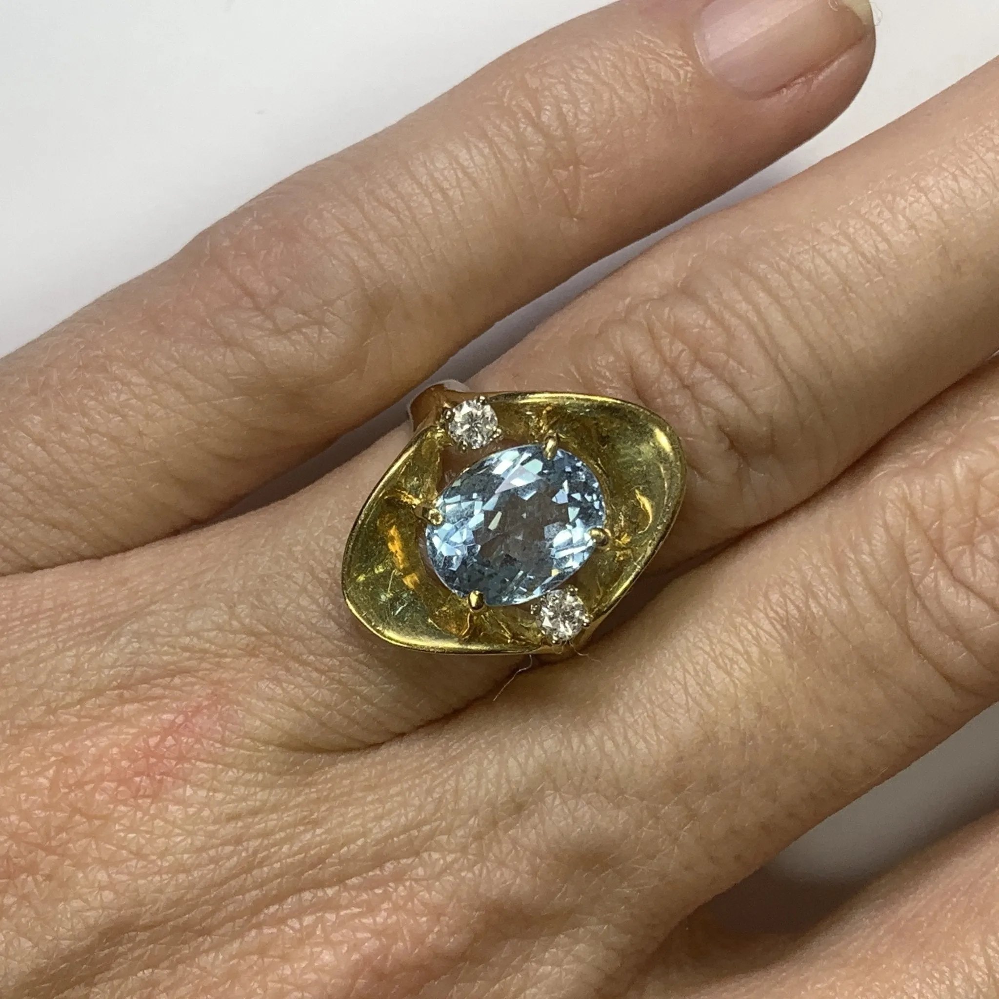 Aquamarine Diamond Statement Ring in a 14k Yellow Gold Modernist Setting. March Birthstone.