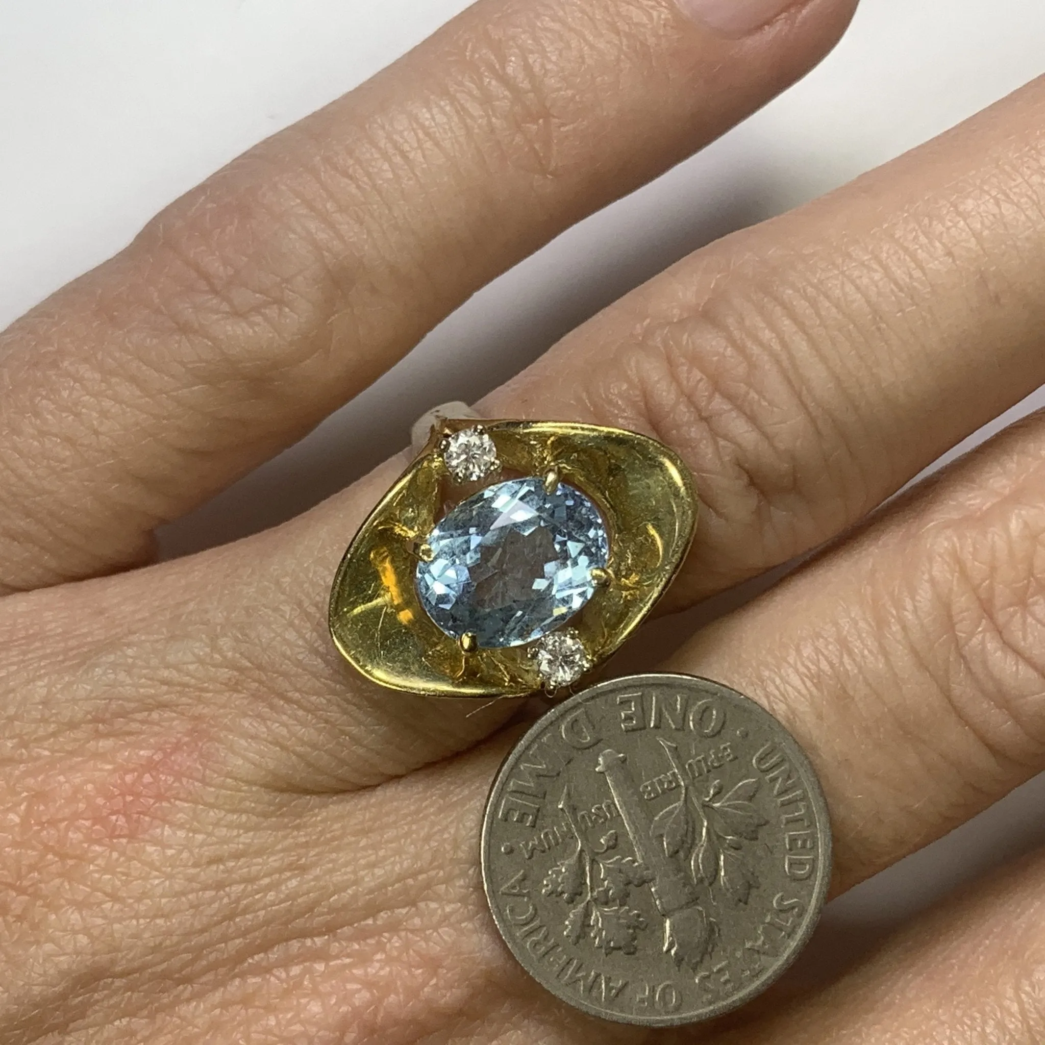 Aquamarine Diamond Statement Ring in a 14k Yellow Gold Modernist Setting. March Birthstone.