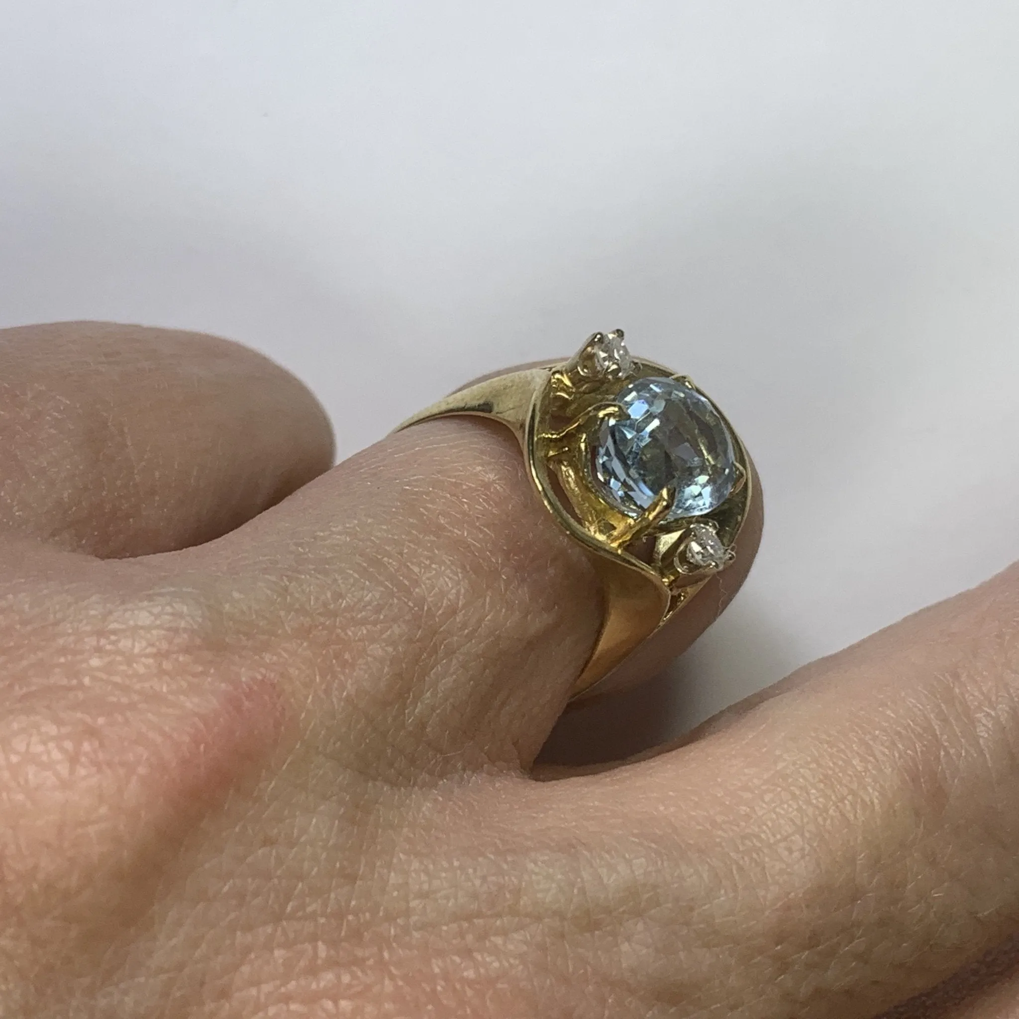 Aquamarine Diamond Statement Ring in a 14k Yellow Gold Modernist Setting. March Birthstone.