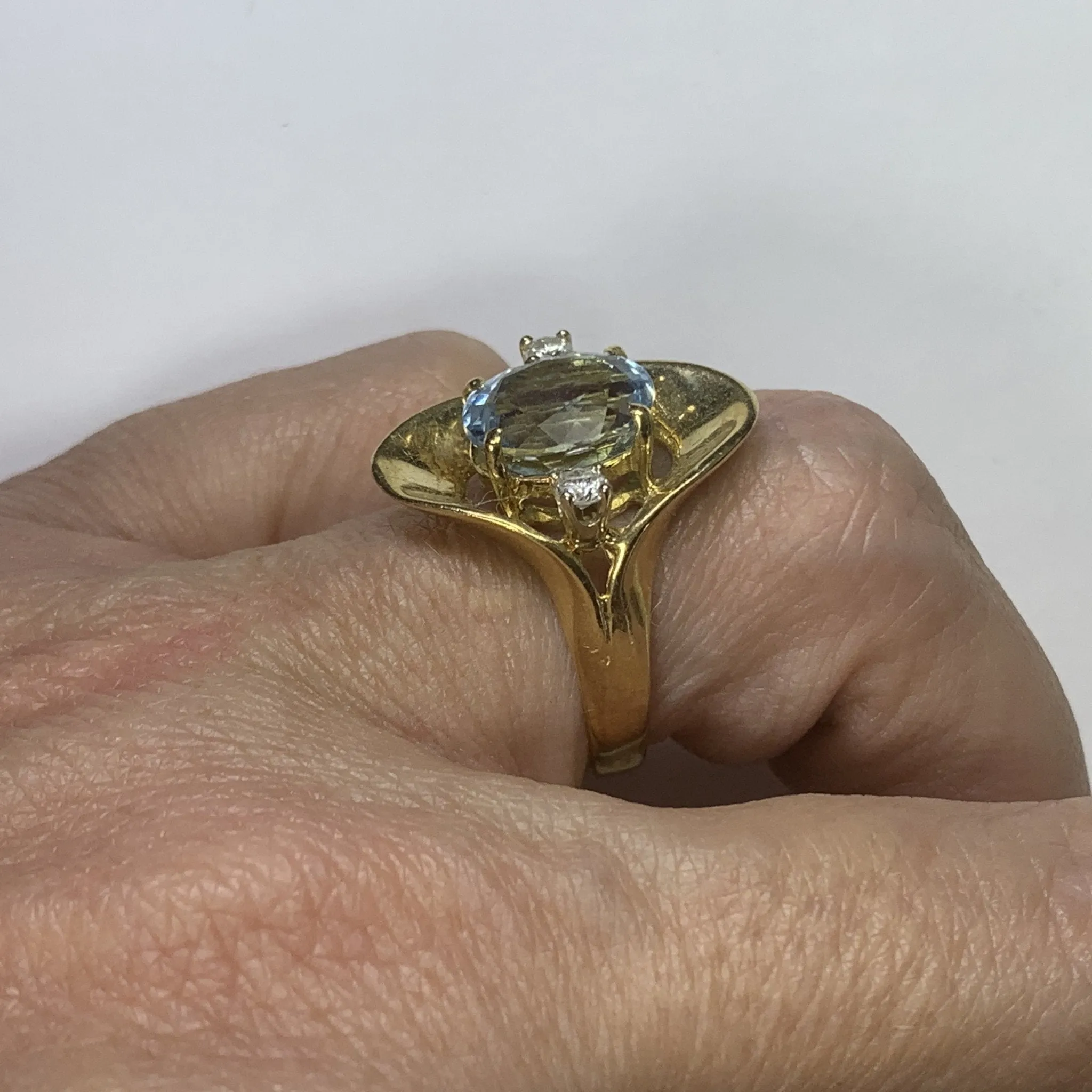 Aquamarine Diamond Statement Ring in a 14k Yellow Gold Modernist Setting. March Birthstone.