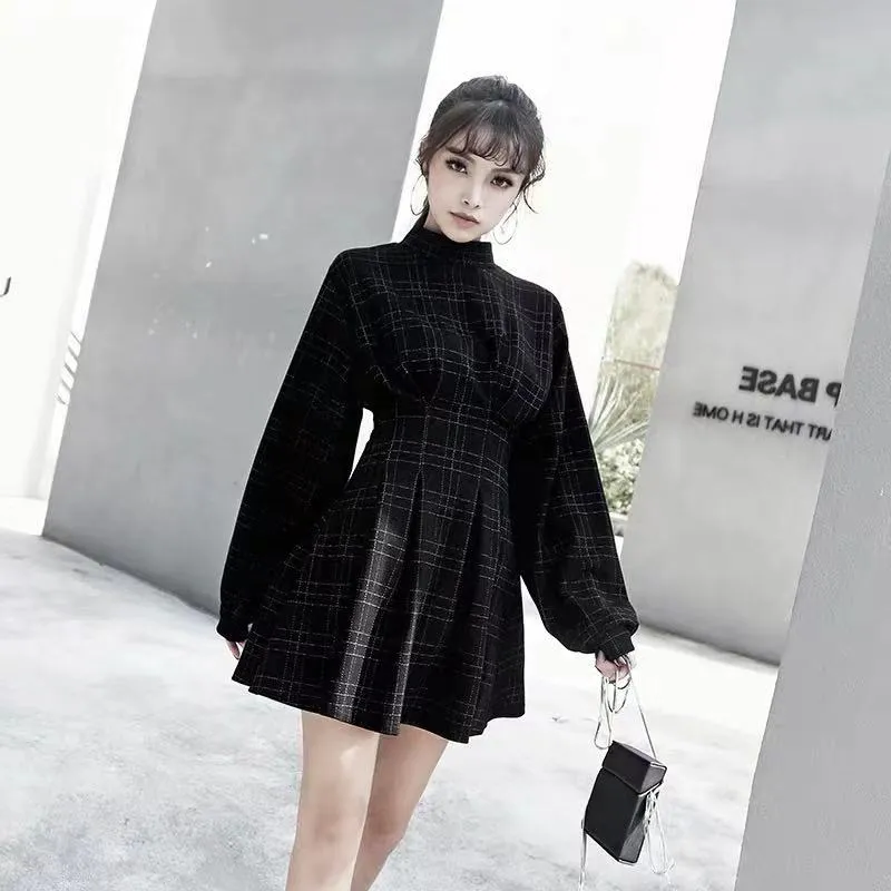 AUTUMU NEW CHEQUER WAIST-TIED LONG-SLEEVE DRESS BY71117