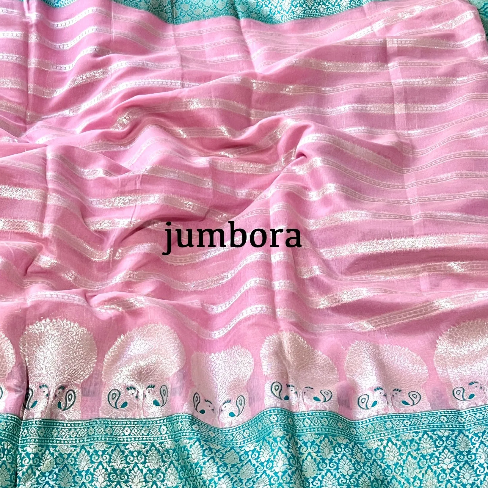 Baby Pink & Turquoise Soft Banarasi Chanderi Saree with Stitched blouse