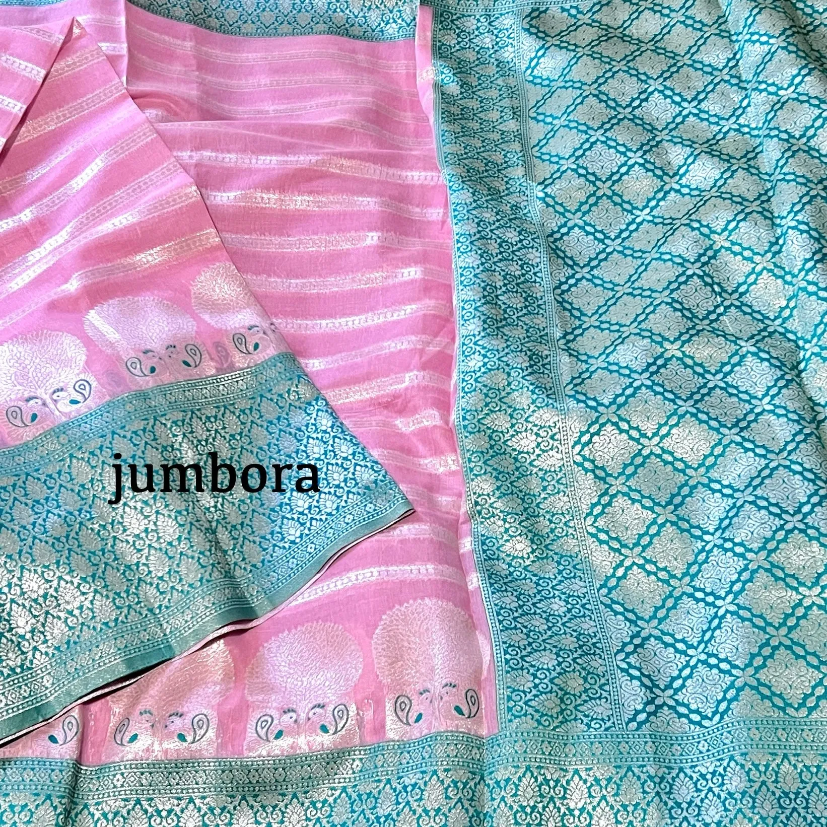 Baby Pink & Turquoise Soft Banarasi Chanderi Saree with Stitched blouse