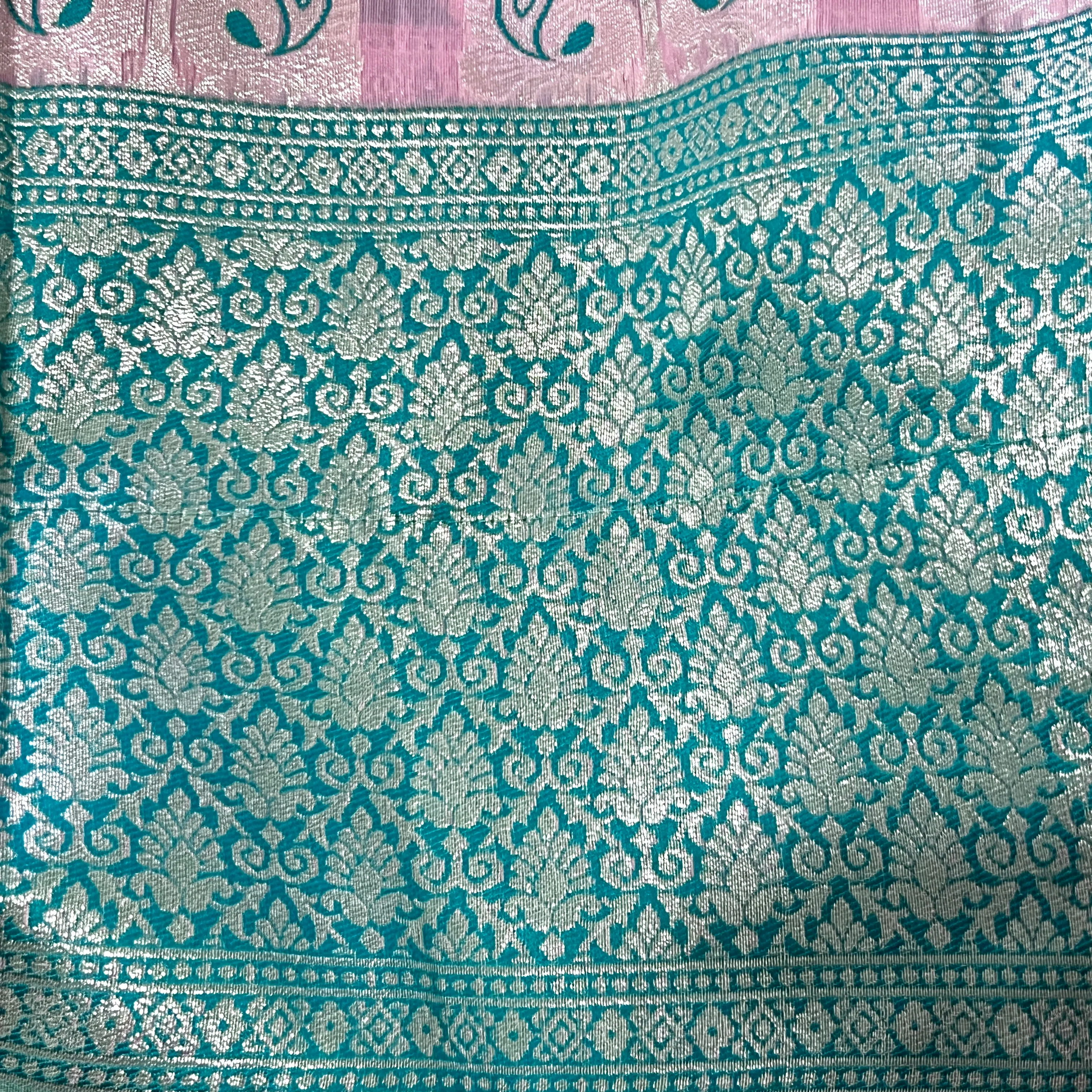 Baby Pink & Turquoise Soft Banarasi Chanderi Saree with Stitched blouse