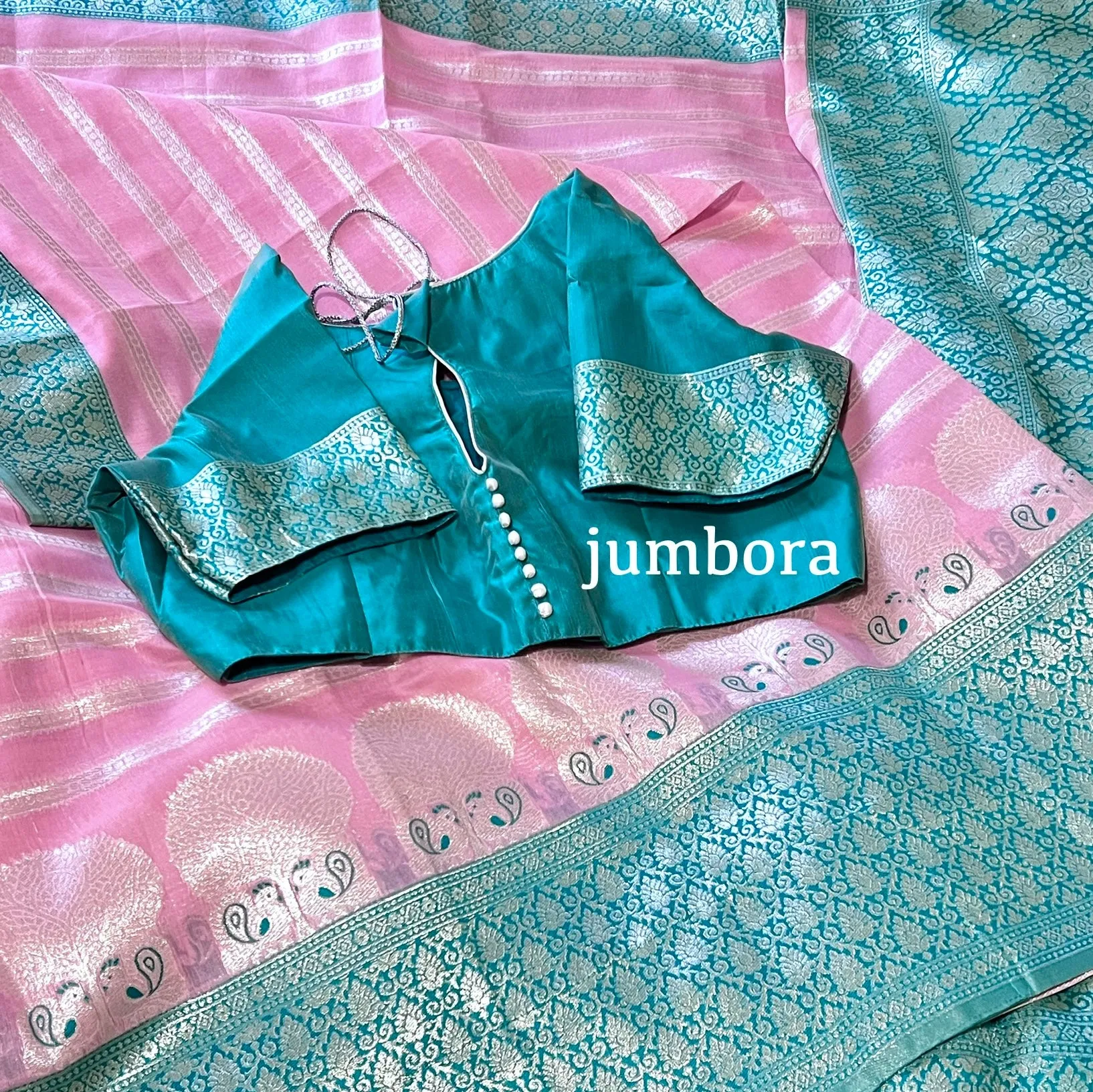 Baby Pink & Turquoise Soft Banarasi Chanderi Saree with Stitched blouse