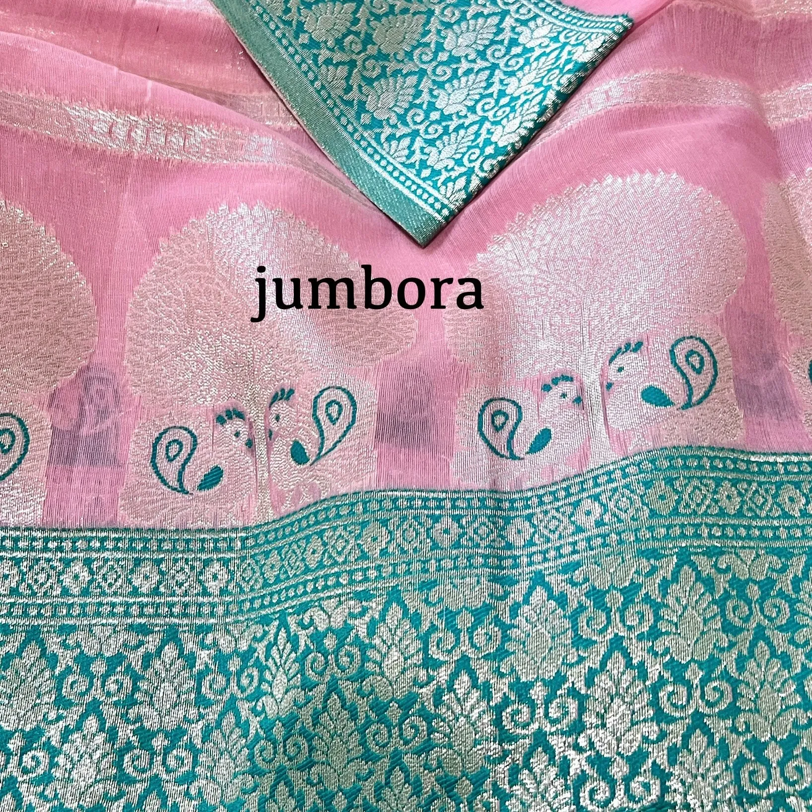 Baby Pink & Turquoise Soft Banarasi Chanderi Saree with Stitched blouse