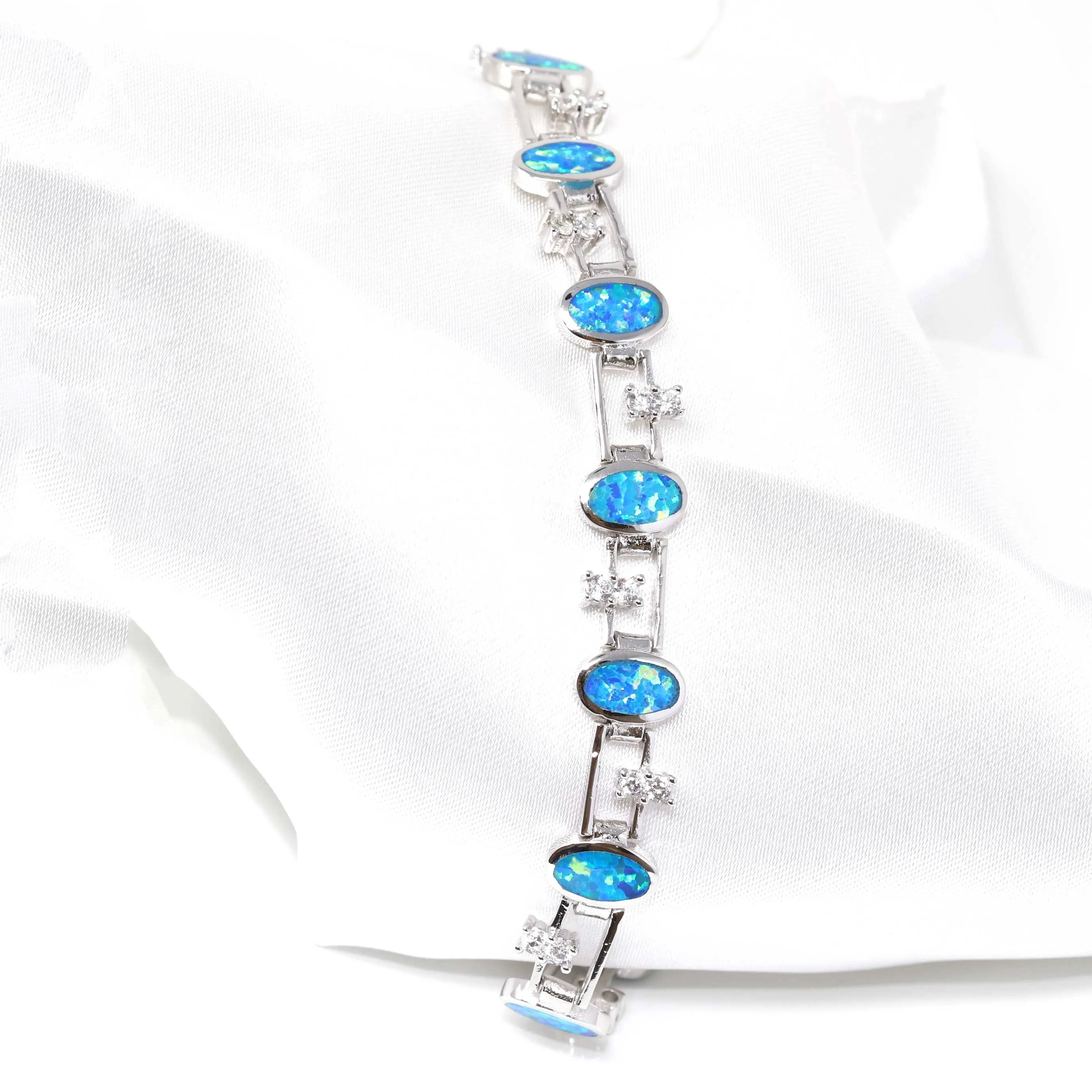 Baikalla? Sterling Silver Lab-Created Classic Oval Opal Cute Bracelet With CZ