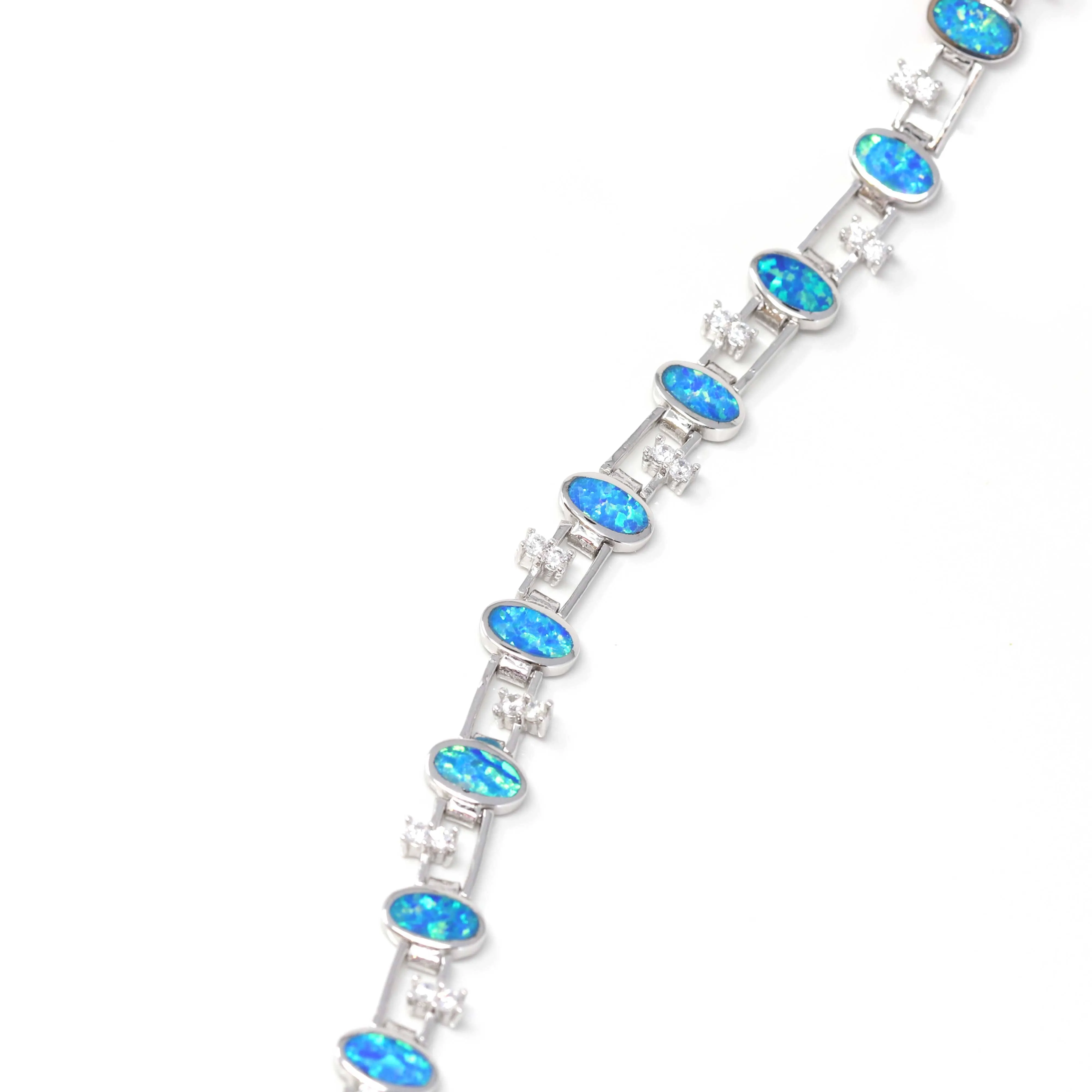 Baikalla? Sterling Silver Lab-Created Classic Oval Opal Cute Bracelet With CZ