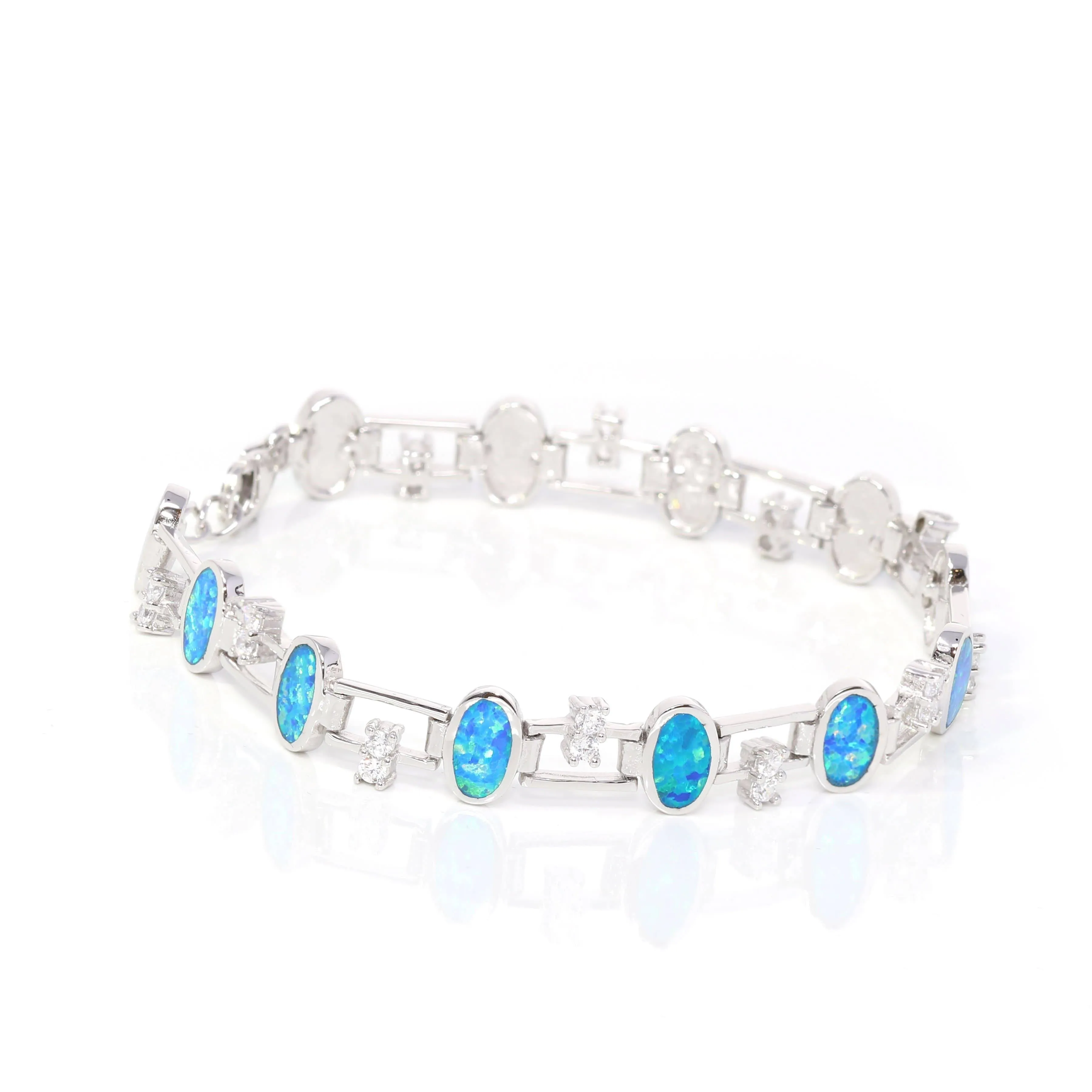 Baikalla? Sterling Silver Lab-Created Classic Oval Opal Cute Bracelet With CZ