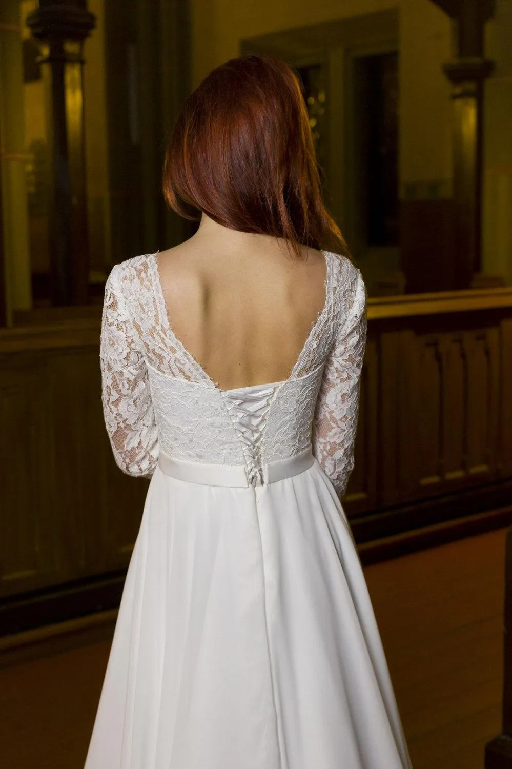 Bateau Neck Long Sleeve Chiffon Wedding Dress With V-Back Cutout-ET_711486