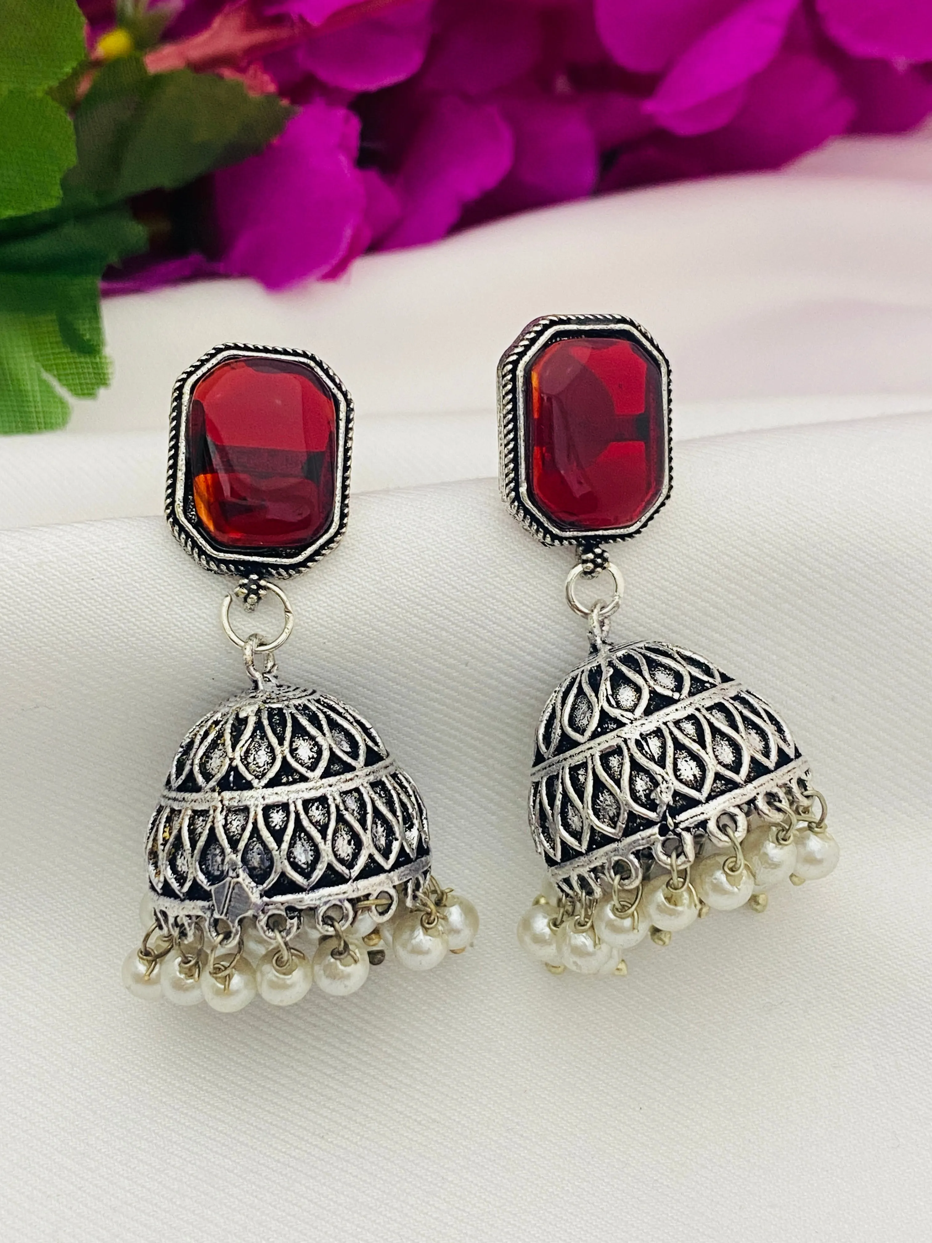 Beautiful Maroon Color Small Oxidized Earrings For Women