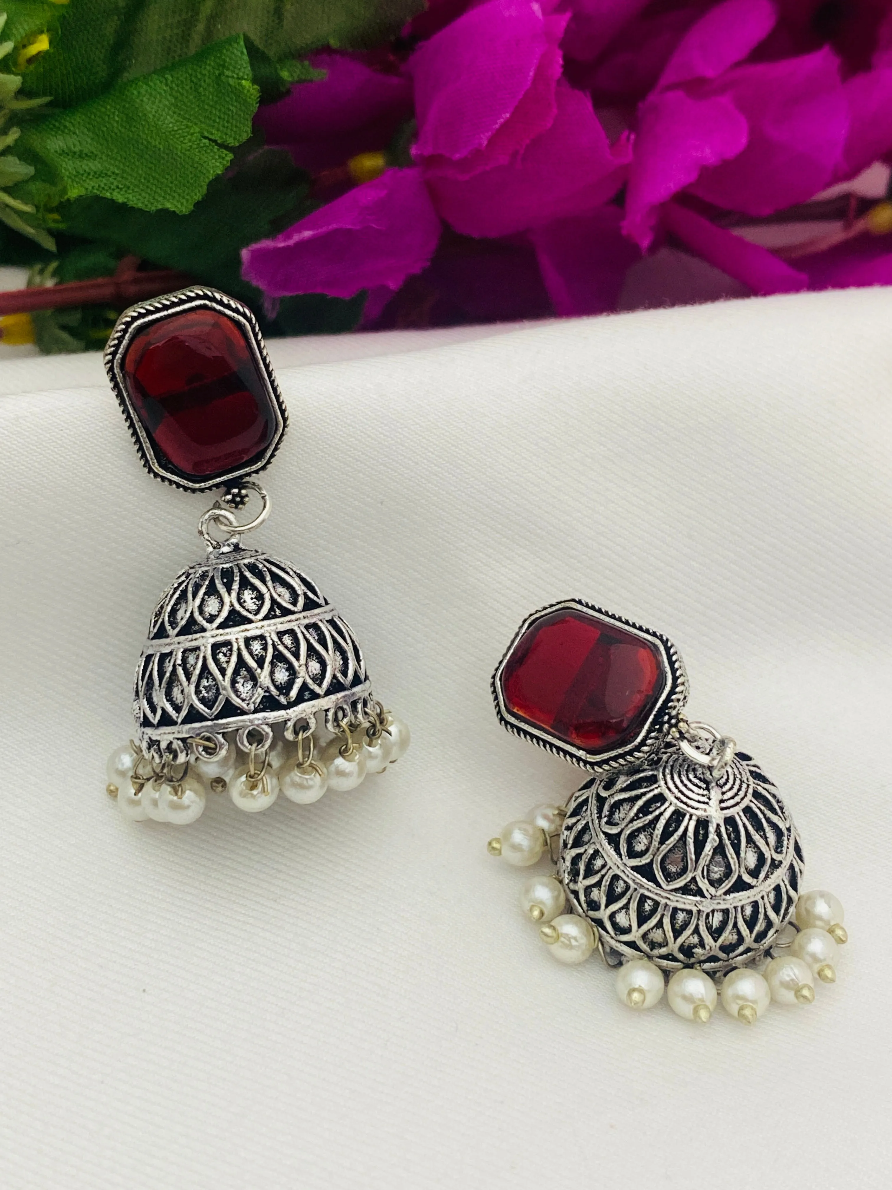 Beautiful Maroon Color Small Oxidized Earrings For Women