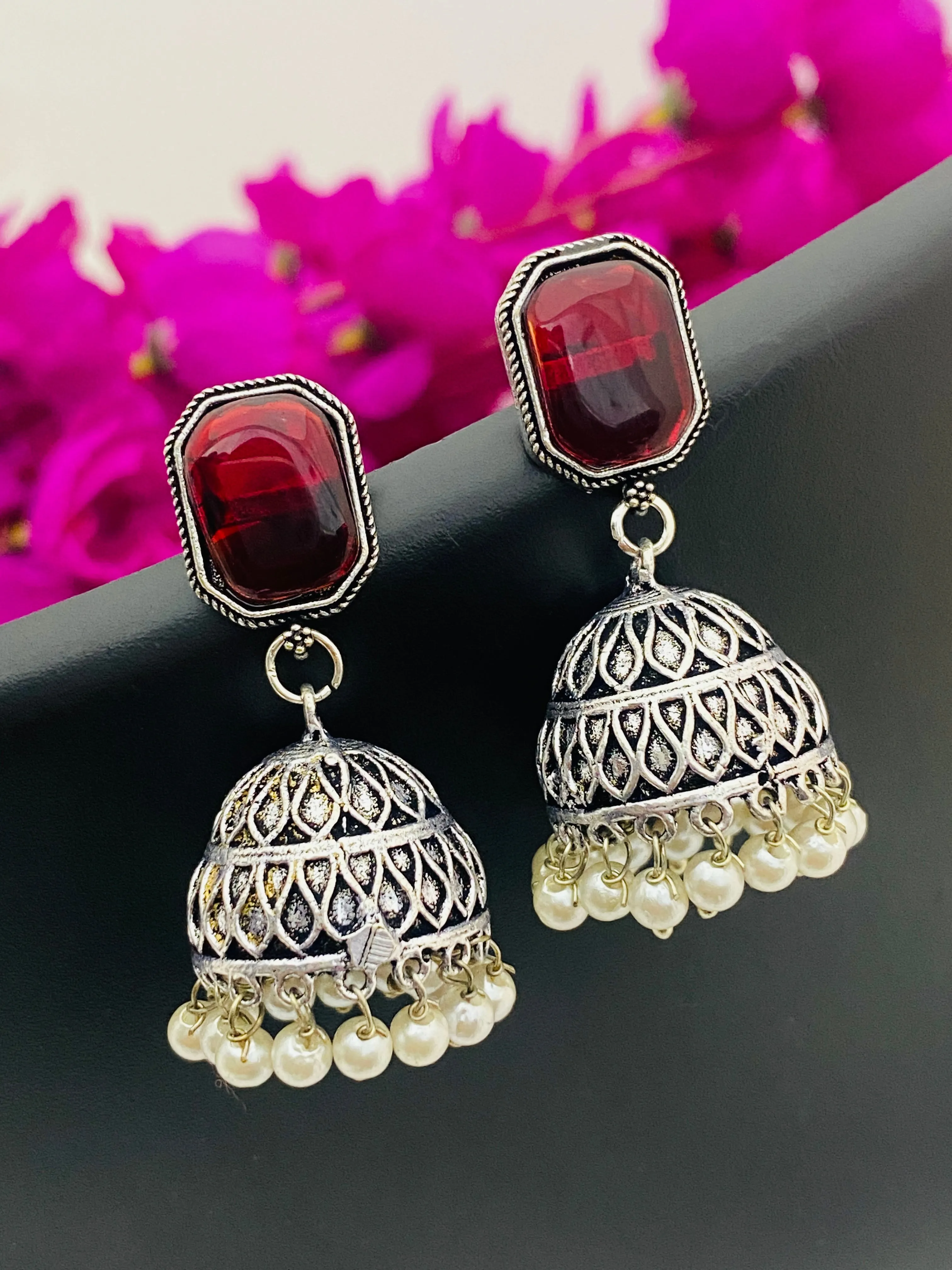 Beautiful Maroon Color Small Oxidized Earrings For Women