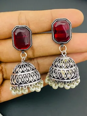 Beautiful Maroon Color Small Oxidized Earrings For Women