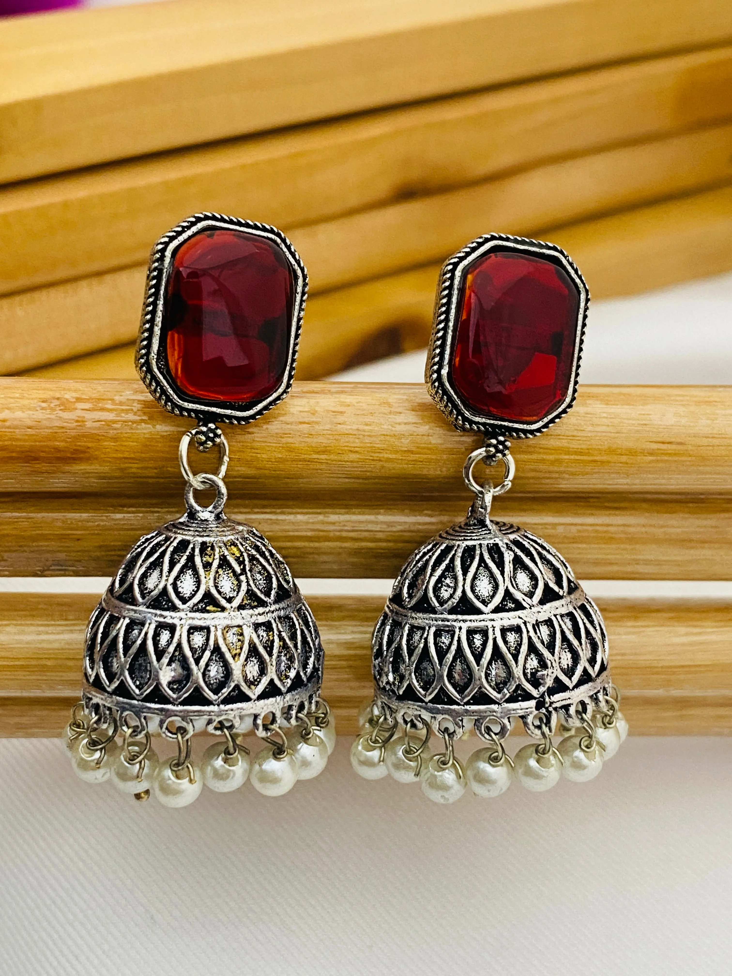 Beautiful Maroon Color Small Oxidized Earrings For Women