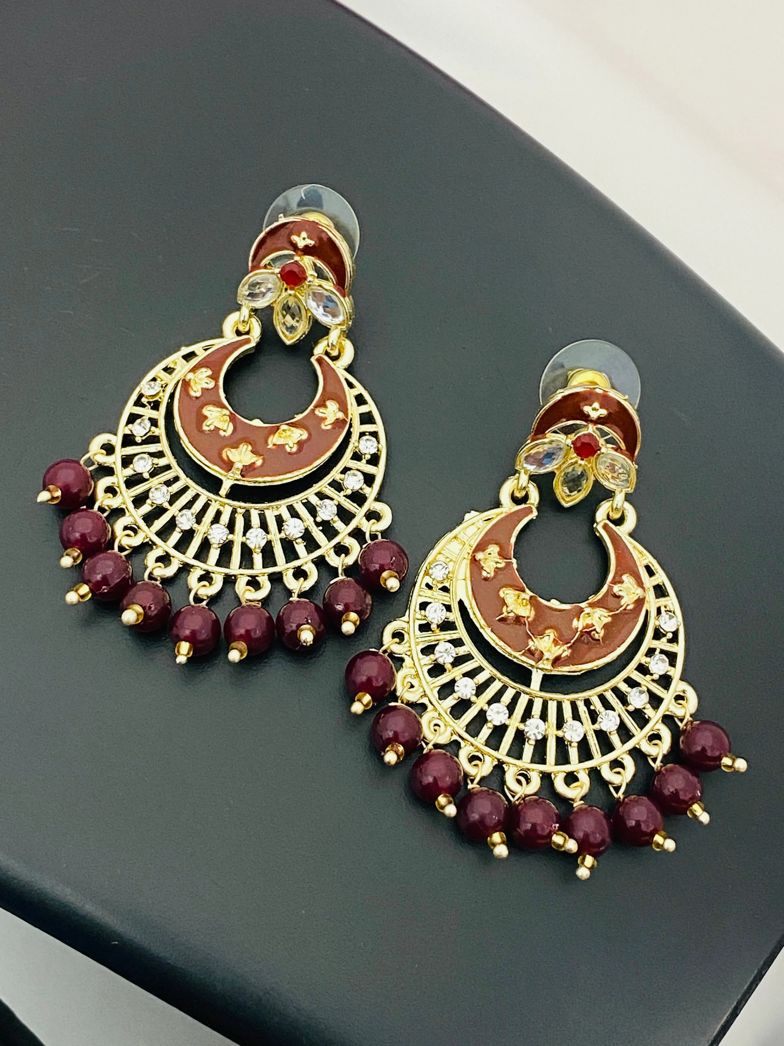 Beautiful Maroon Enameled Antique Gold Earrings For Women