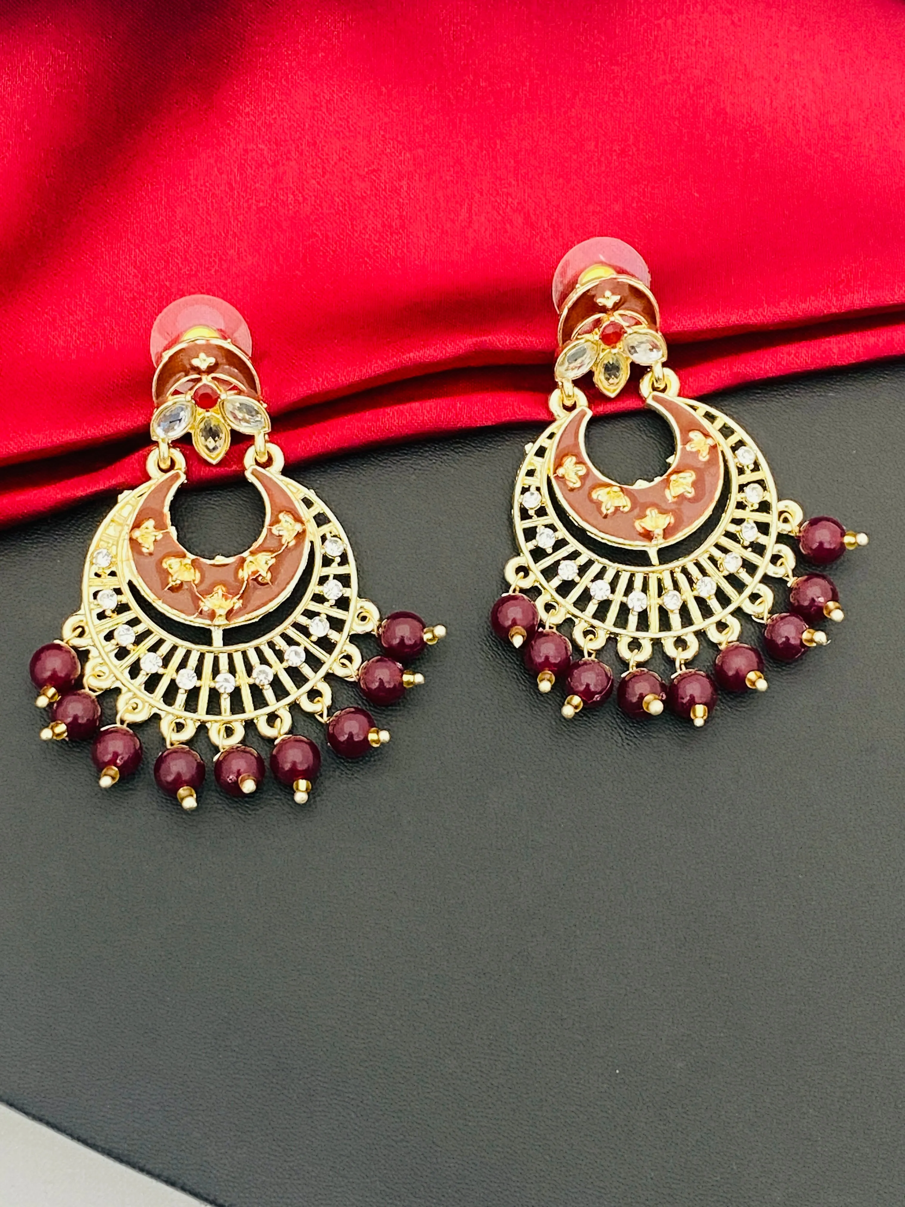 Beautiful Maroon Enameled Antique Gold Earrings For Women