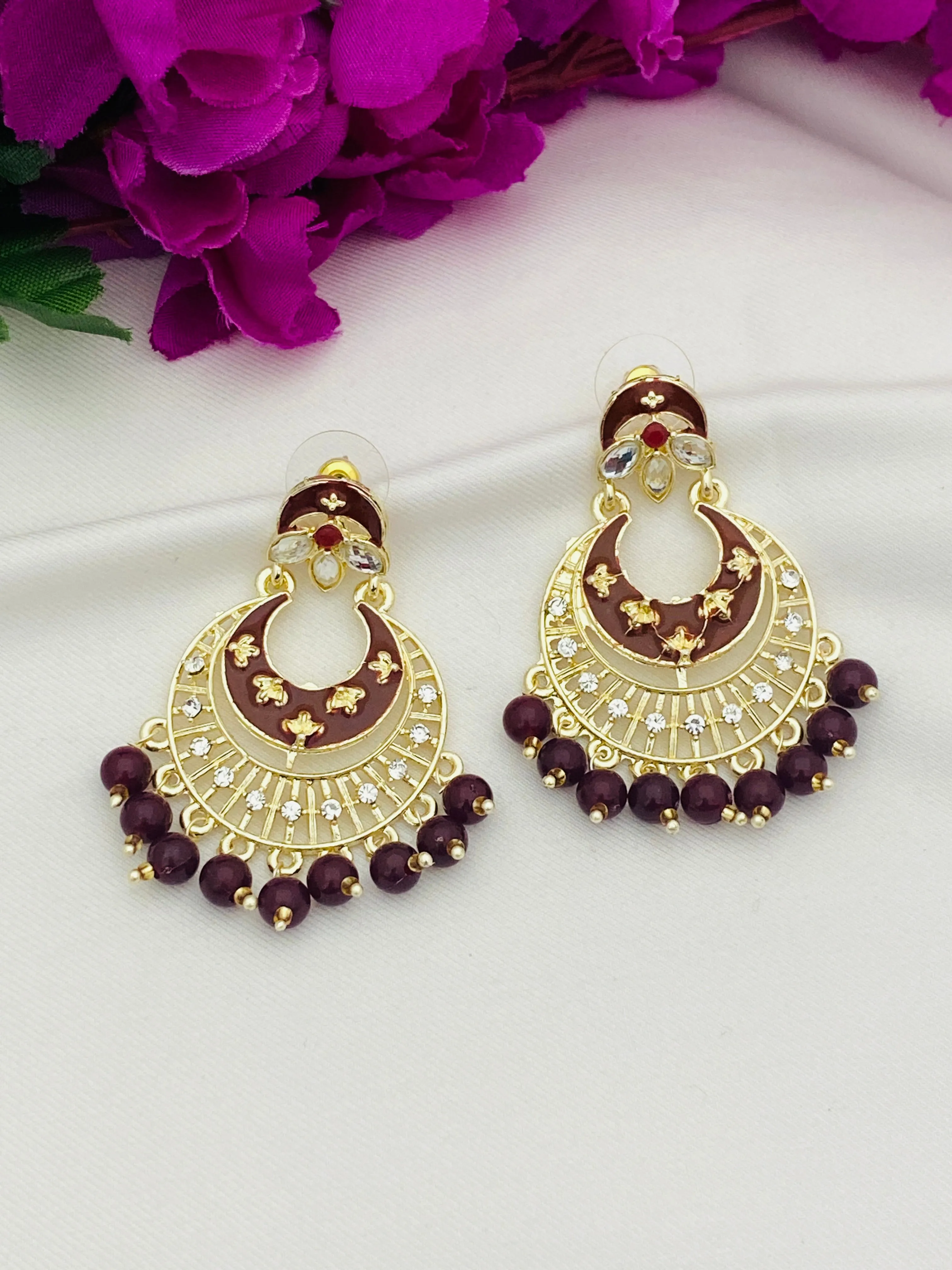 Beautiful Maroon Enameled Antique Gold Earrings For Women