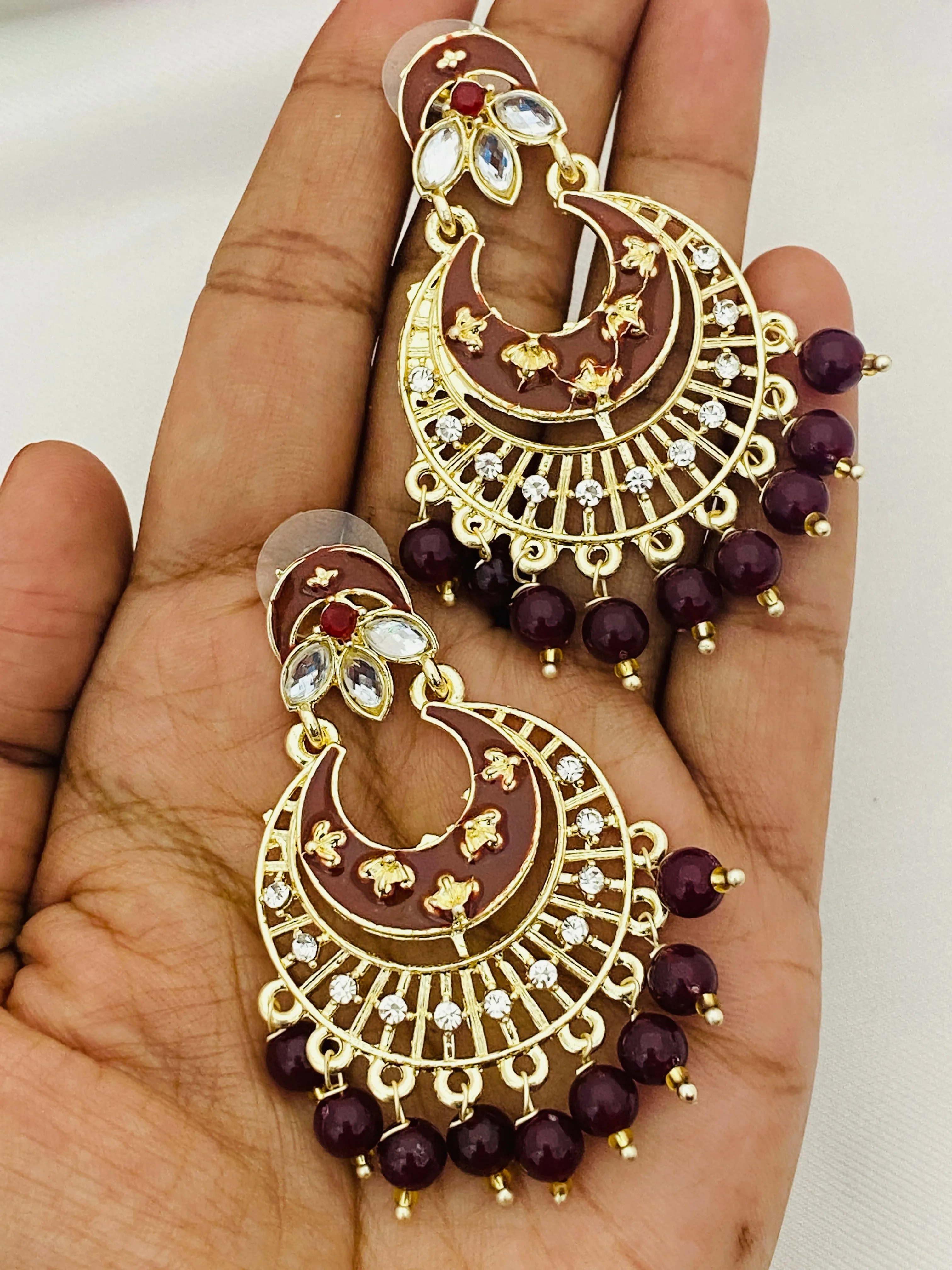 Beautiful Maroon Enameled Antique Gold Earrings For Women