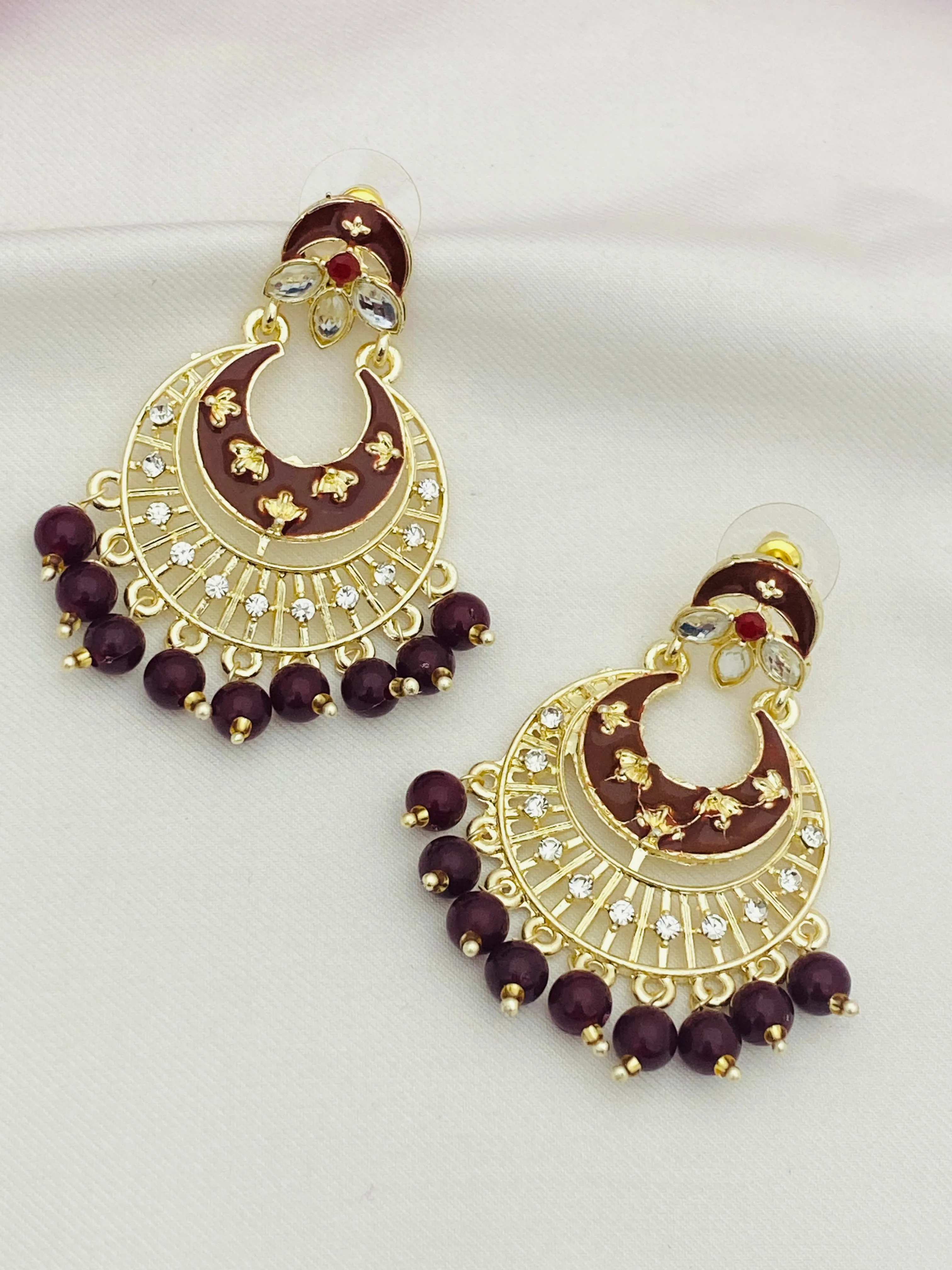 Beautiful Maroon Enameled Antique Gold Earrings For Women