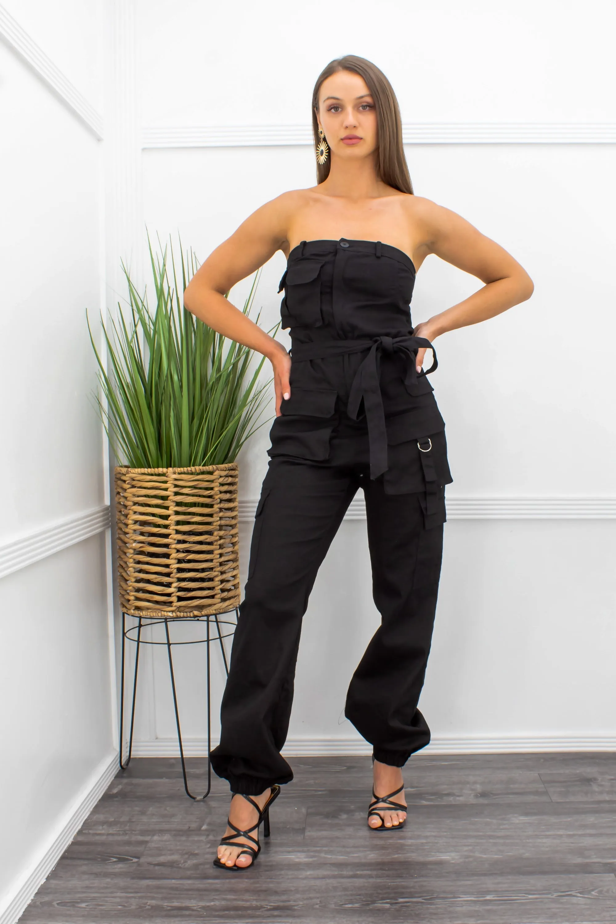 Black Strapless W Design Side Pocket Jumpsuit