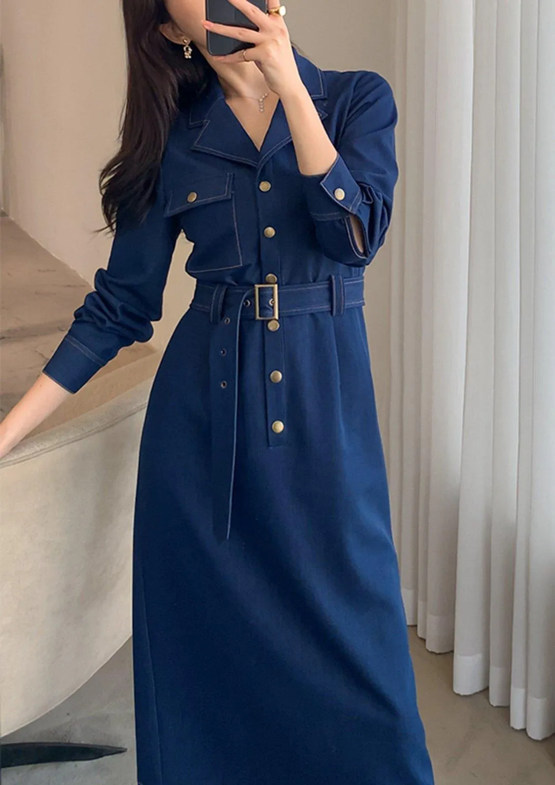 Blue Denim Belted Button Long Sleeve Dress