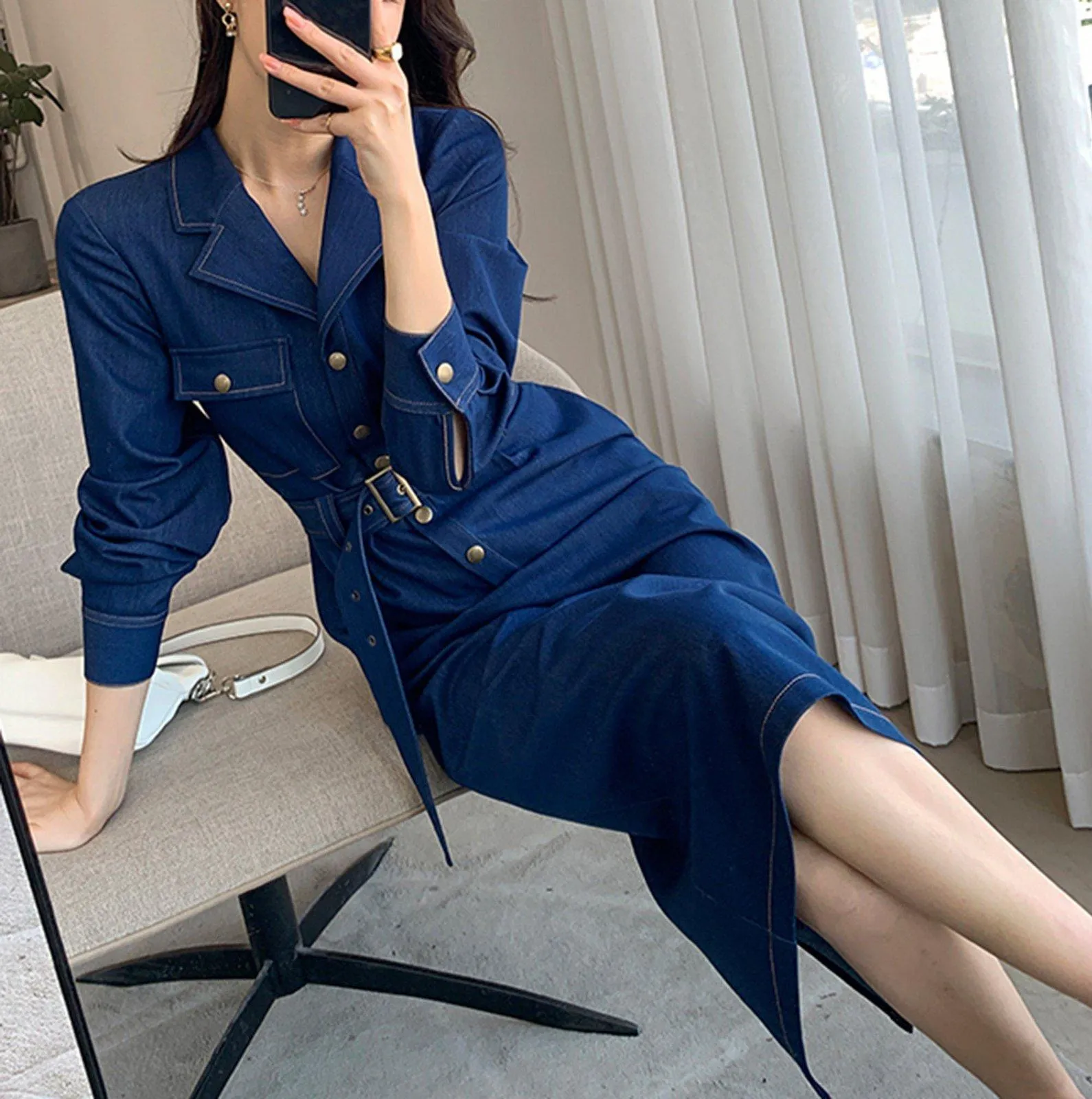 Blue Denim Belted Button Long Sleeve Dress