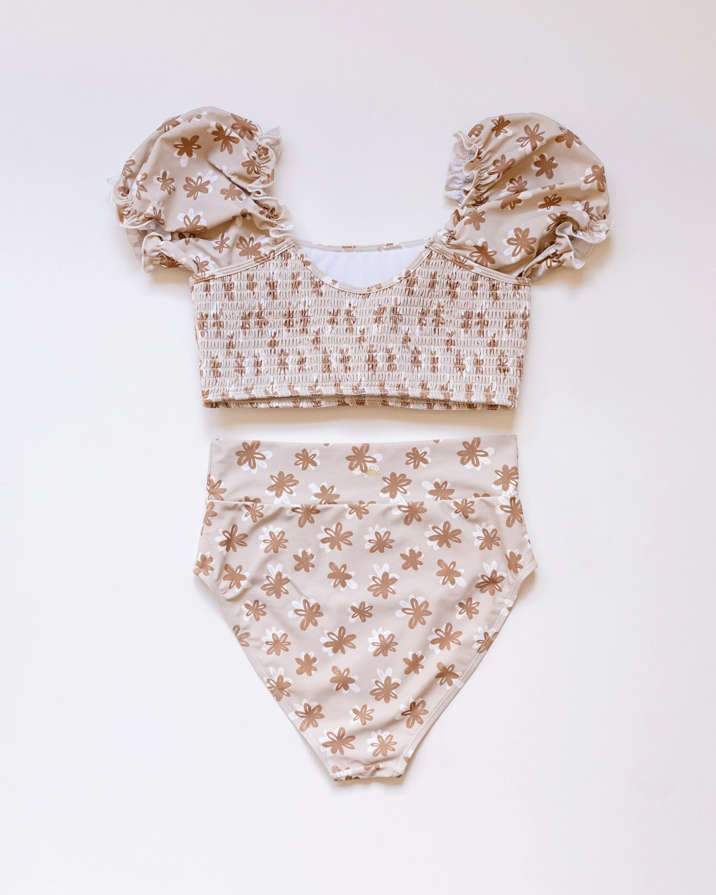 Brown floral print smocked bikini 2pc women swimsuit