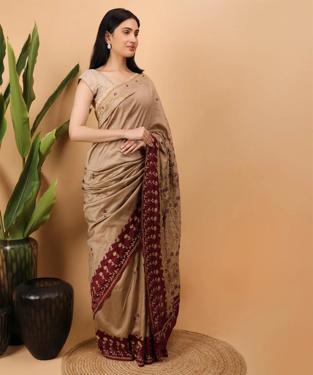 Brown maroon cotton handloom chikankari saree