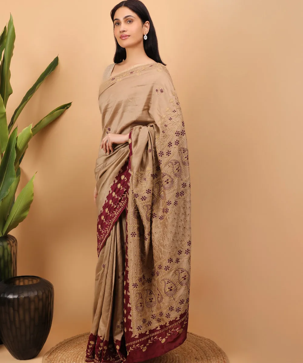 Brown maroon cotton handloom chikankari saree