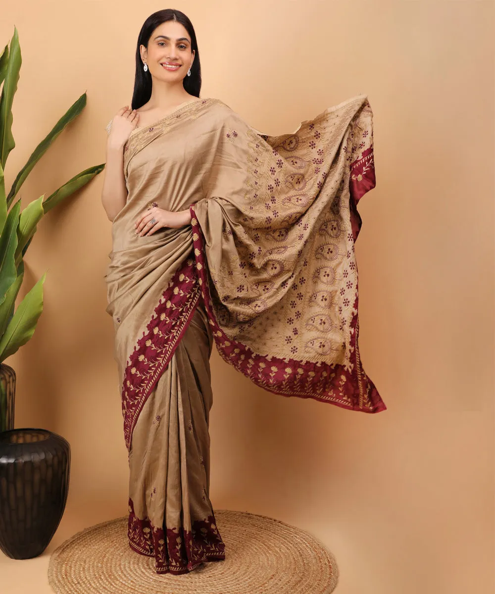 Brown maroon cotton handloom chikankari saree