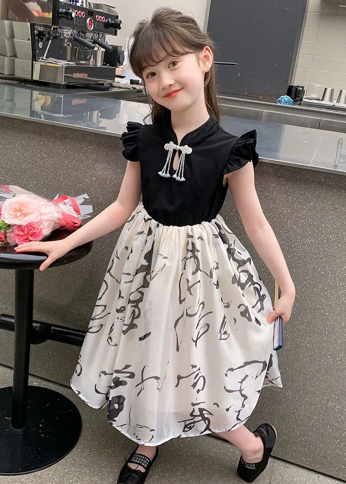 Chic Colorblock Stand Collar Print Kids Maxi Dress Short Sleeve MN005