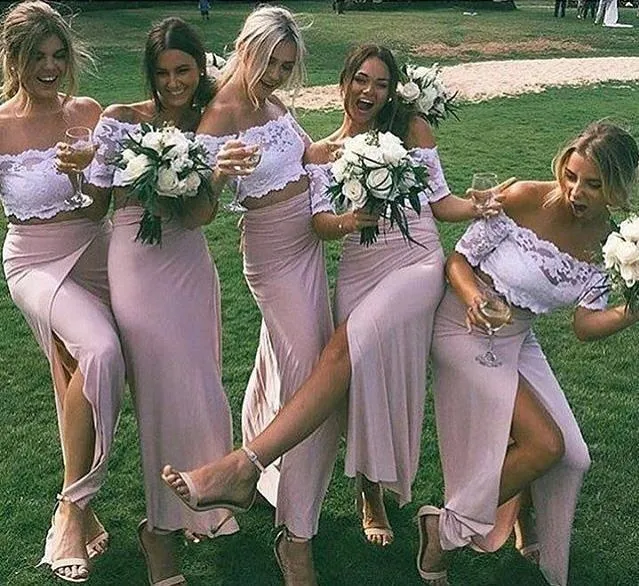 Chic Pink Short Sleeve Lace Side Slit Off the Shoulder Two Piece Bridesmaid Dresses