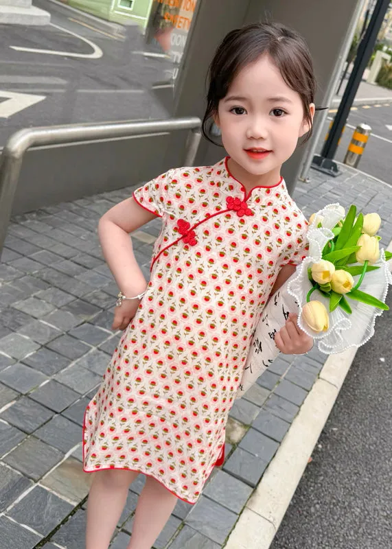 Chic Red Print Side Open Kids Holiday Long Dress Short Sleeve MN020